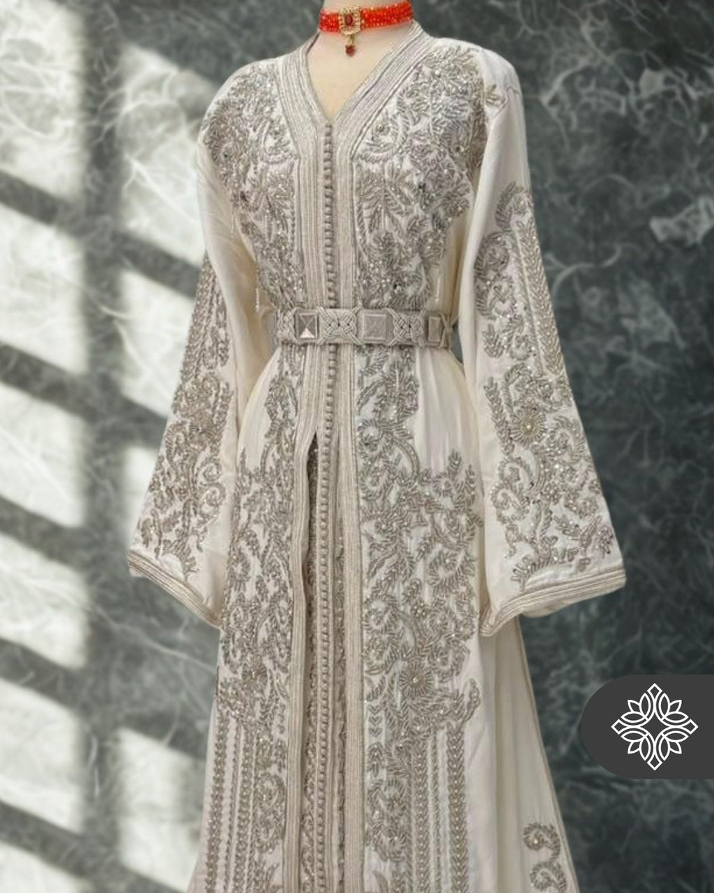 Bridal White Moroccan Takchita | Luxury Two-Piece Kaftan | Silver Embroidery