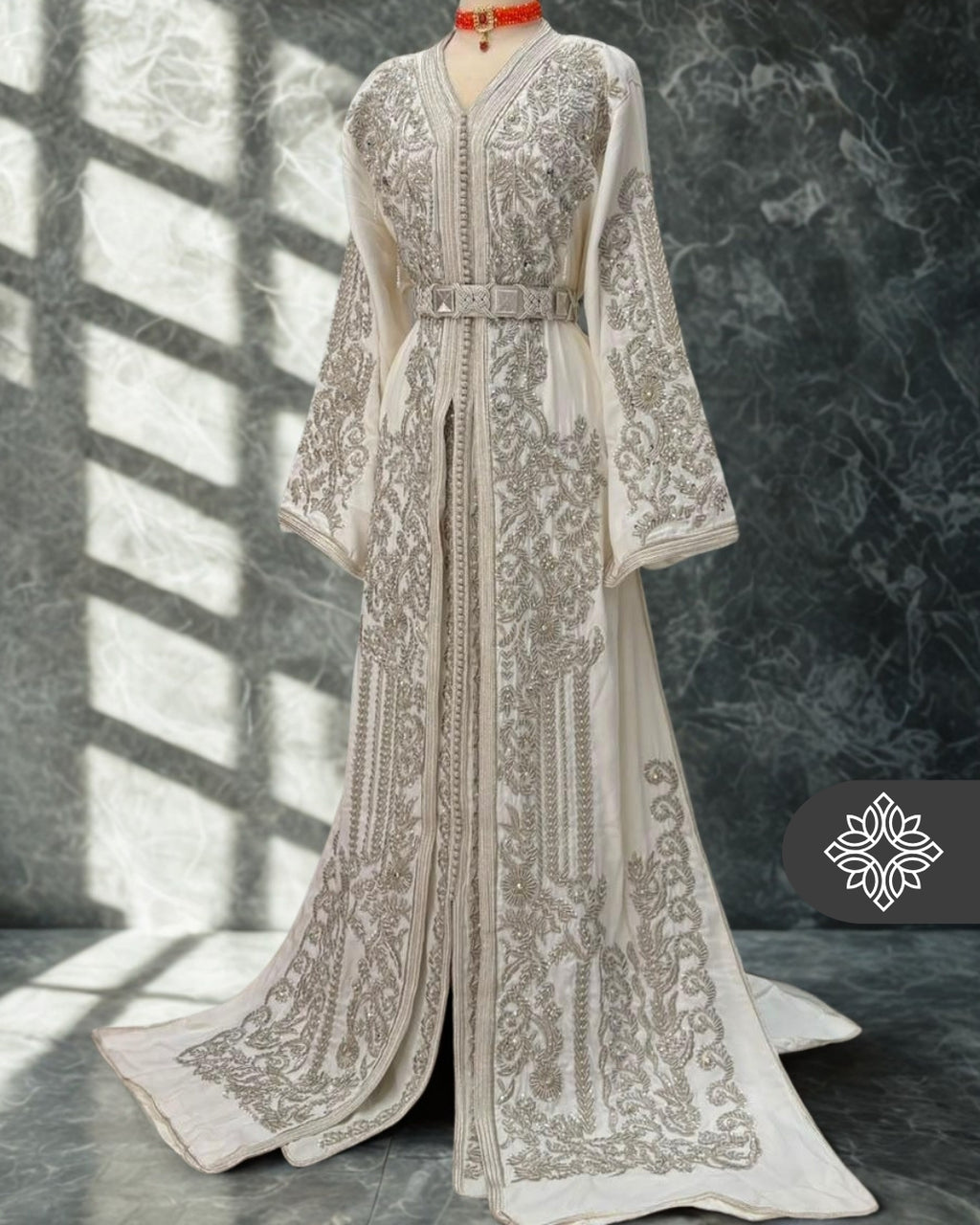 Bridal White Moroccan Takchita | Luxury Two-Piece Kaftan | Silver Embroidery