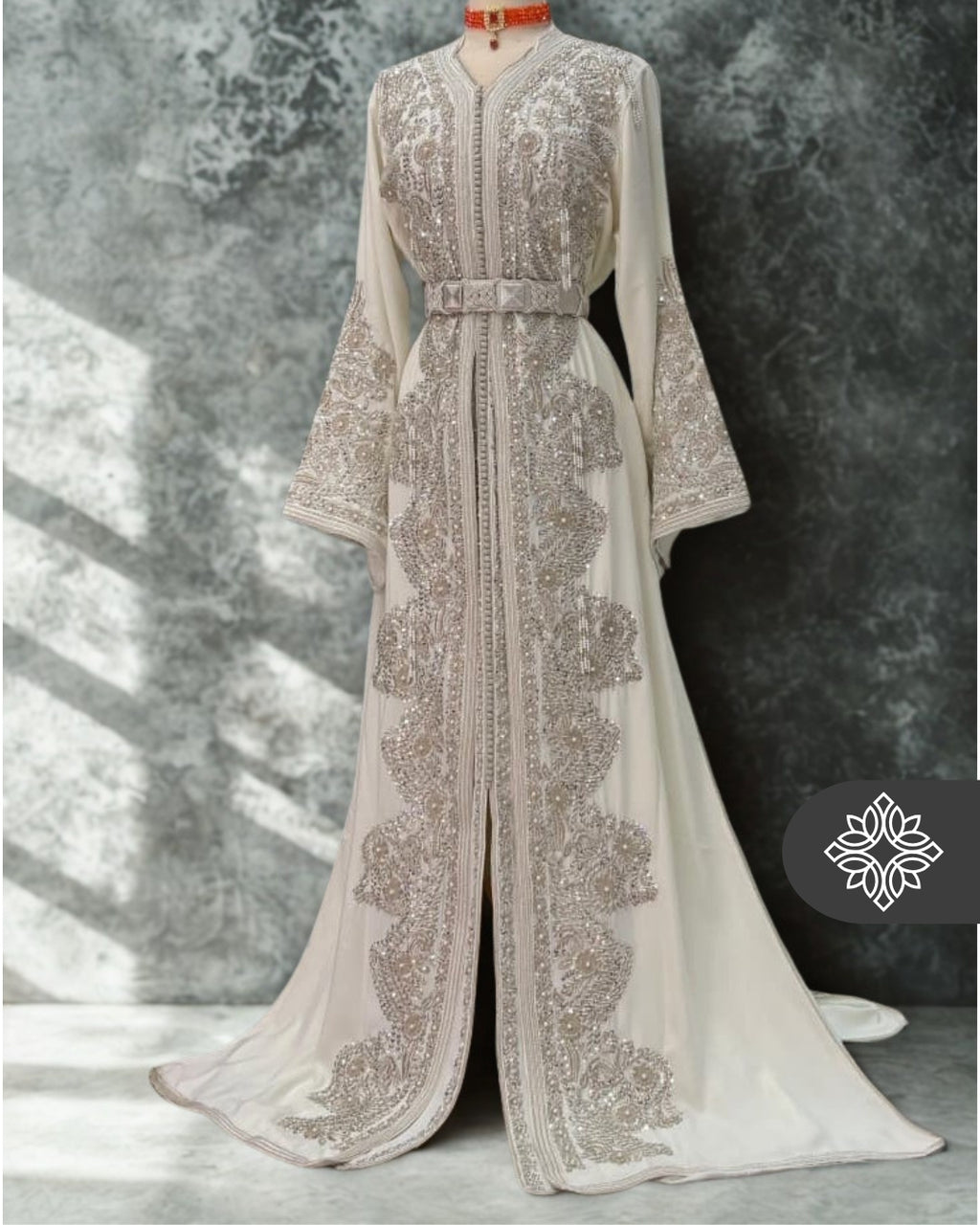 Bridal White Moroccan Takchita | Luxury Two-Piece Kaftan | Silver Embroidery & Stone Detailing