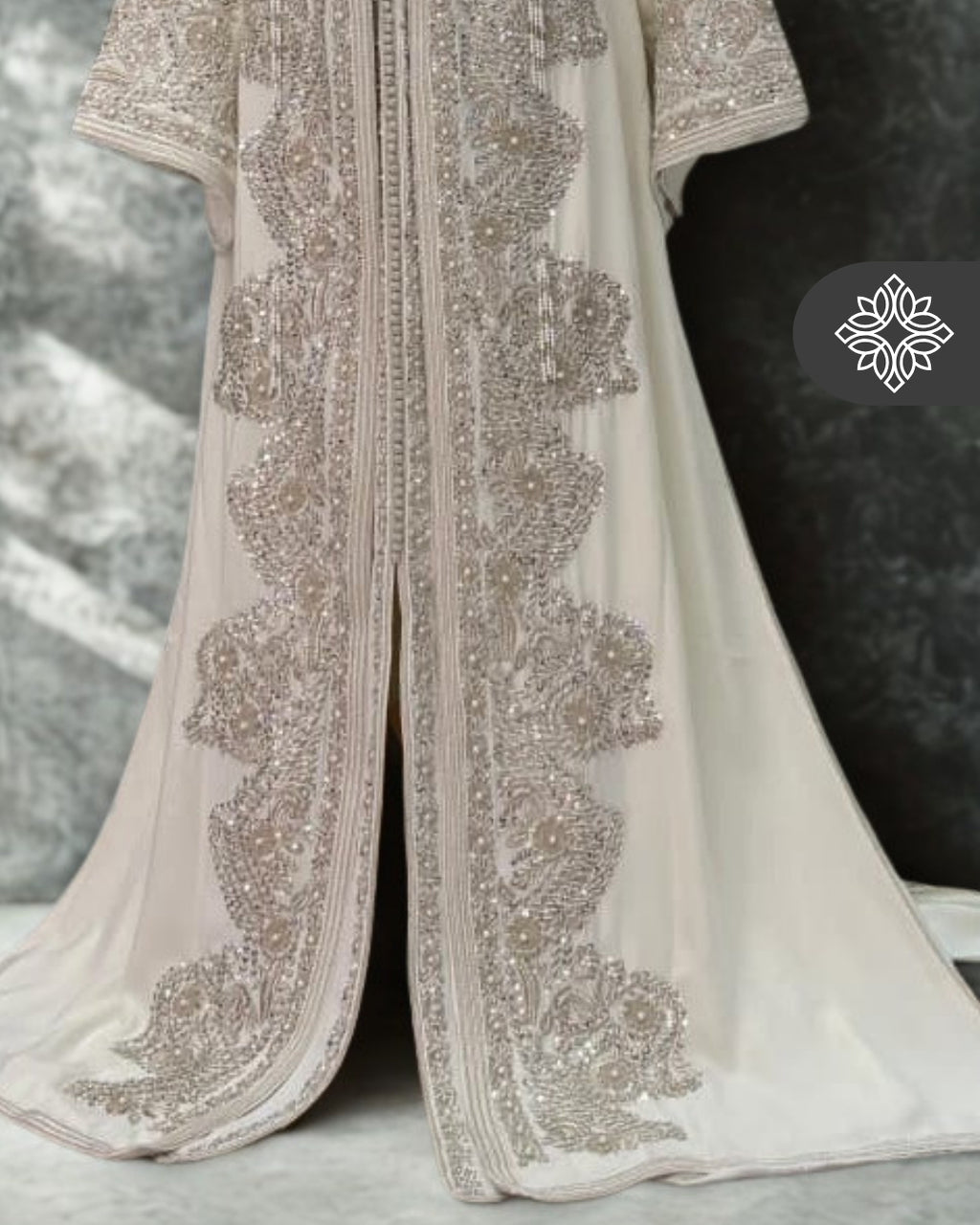 Bridal White Moroccan Takchita | Luxury Two-Piece Kaftan | Silver Embroidery & Stone Detailing
