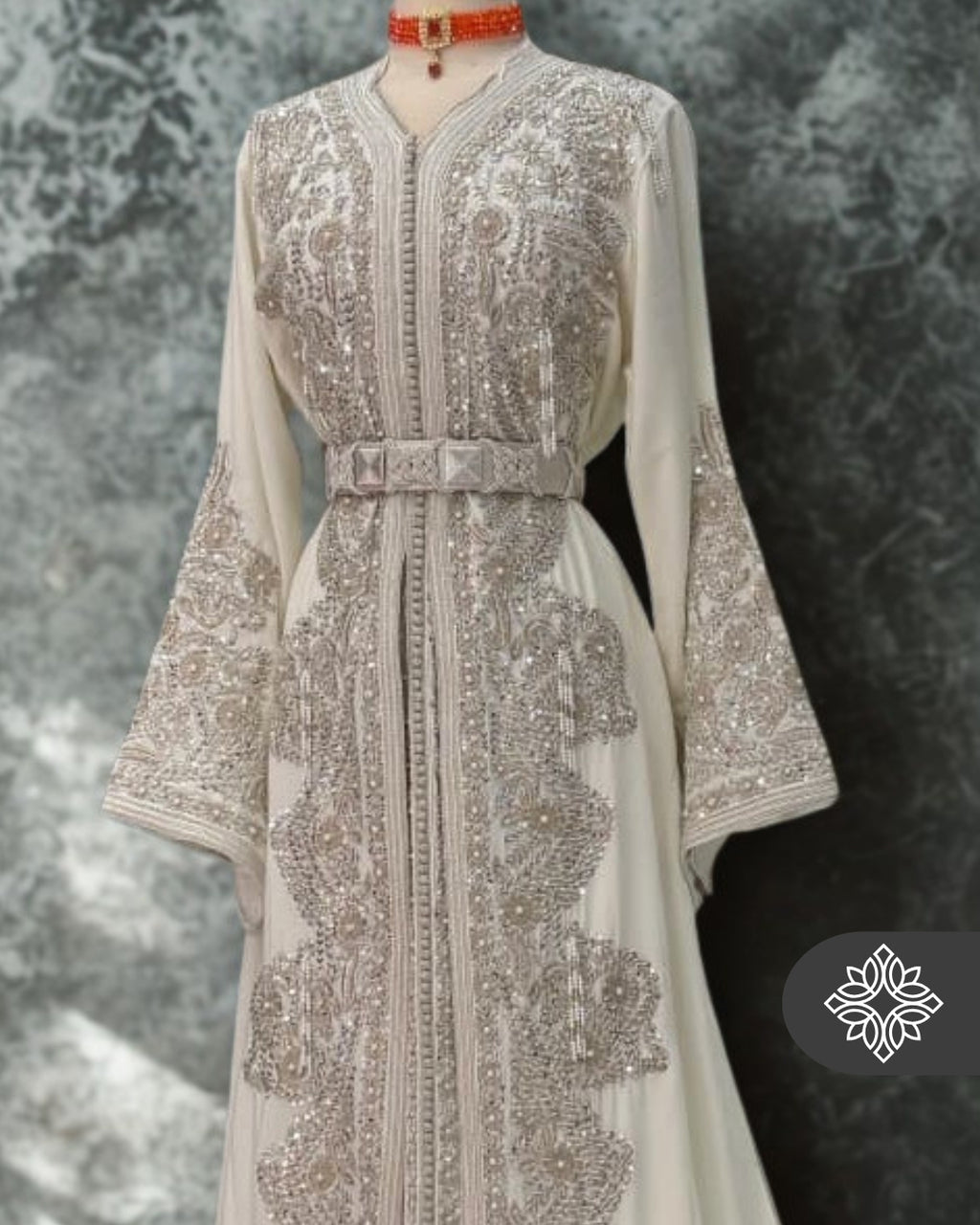 Bridal White Moroccan Takchita | Luxury Two-Piece Kaftan | Silver Embroidery & Stone Detailing