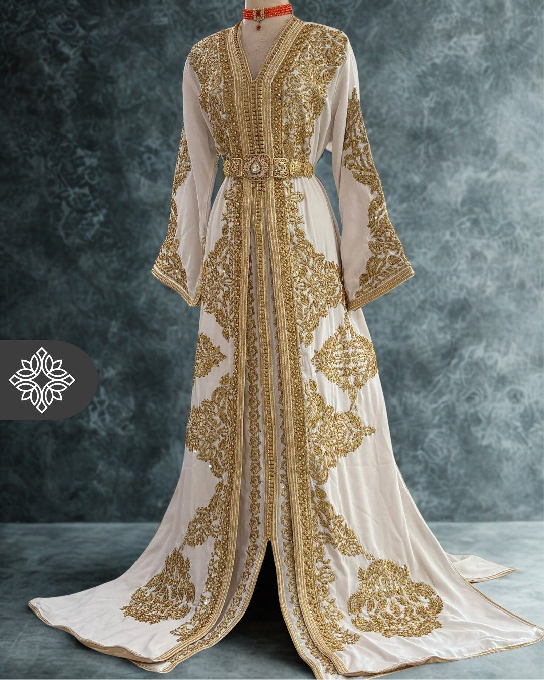 Bridal White & Golden Tonal Takchita | Luxury Moroccan Two-Piece Caftan Dress
