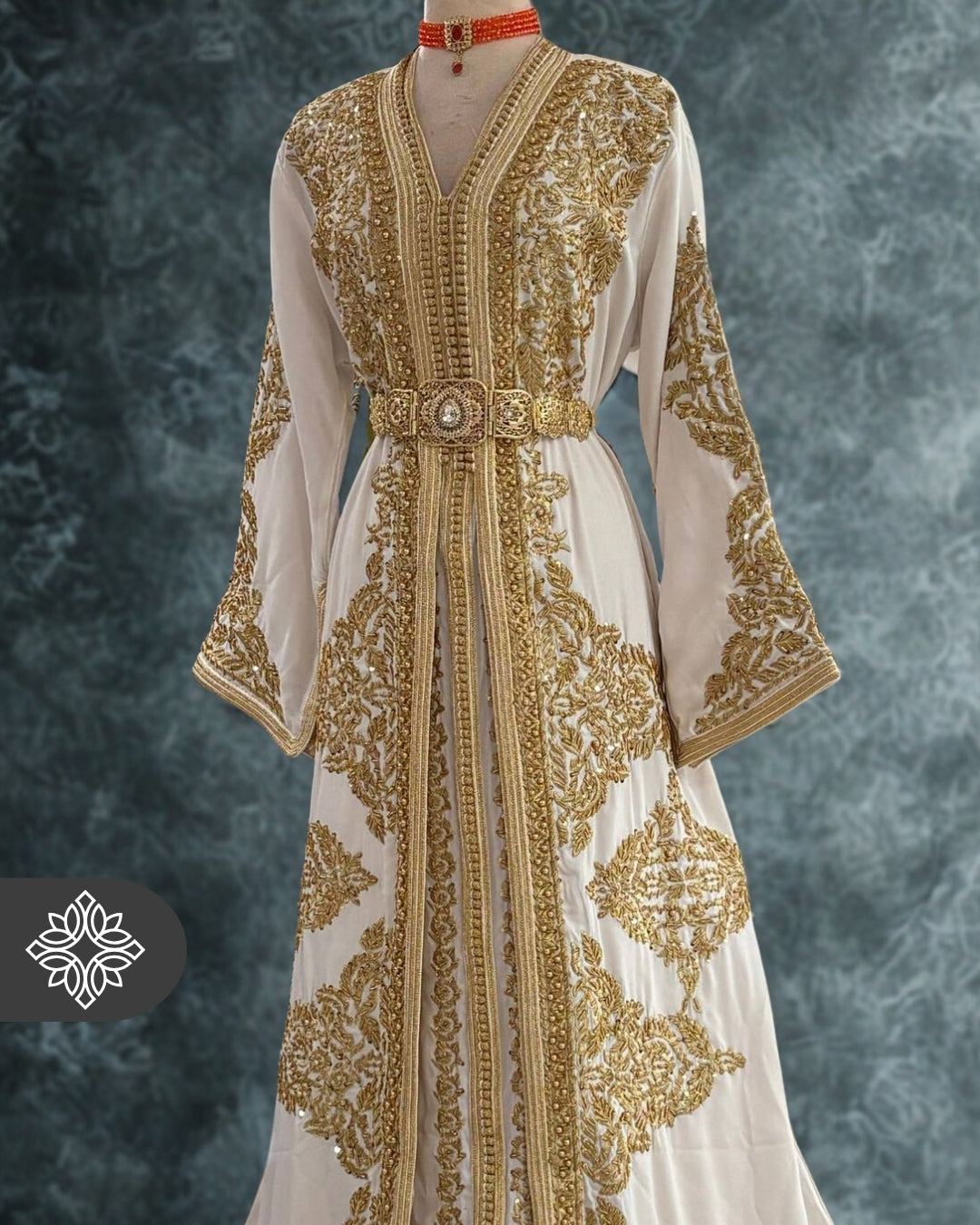 Bridal White & Golden Tonal Takchita | Luxury Moroccan Two-Piece Caftan Dress
