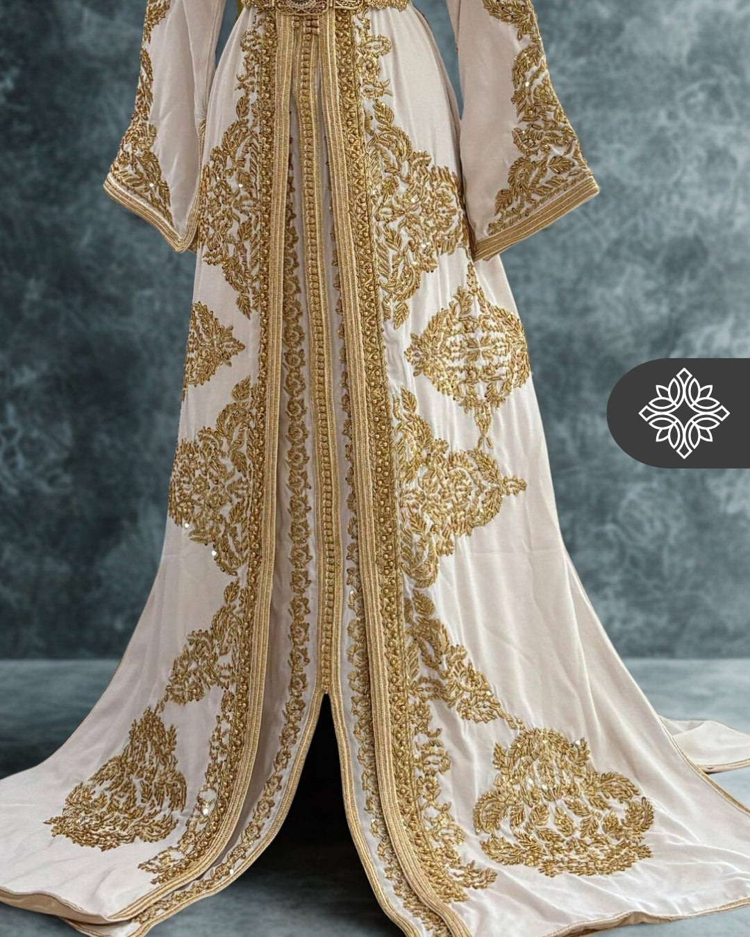 Bridal White & Golden Tonal Takchita | Luxury Moroccan Two-Piece Caftan Dress