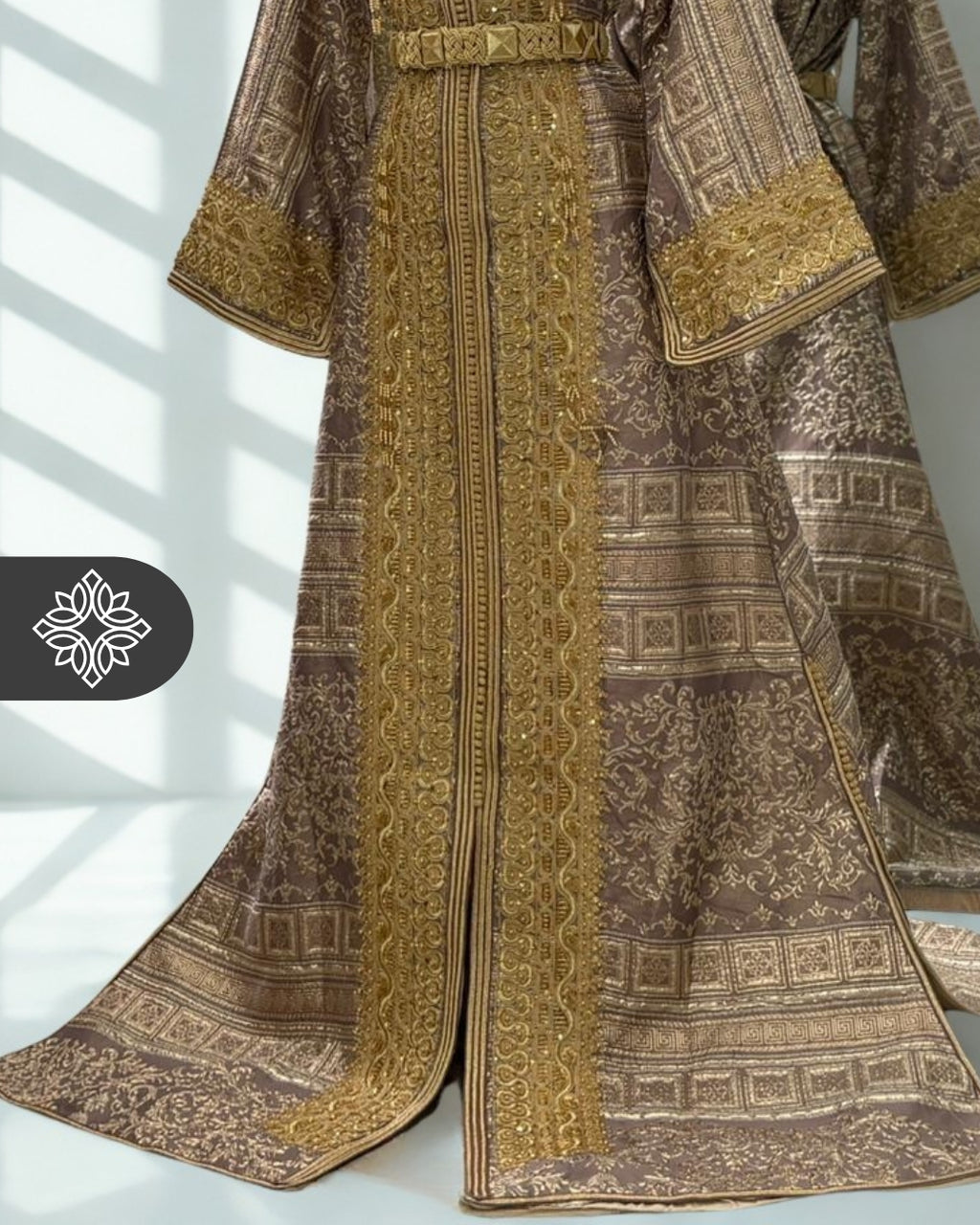 VIP Lavender Moroccan Kaftan | One-Piece Brocade Kaftan | Golden Hand Embroidery