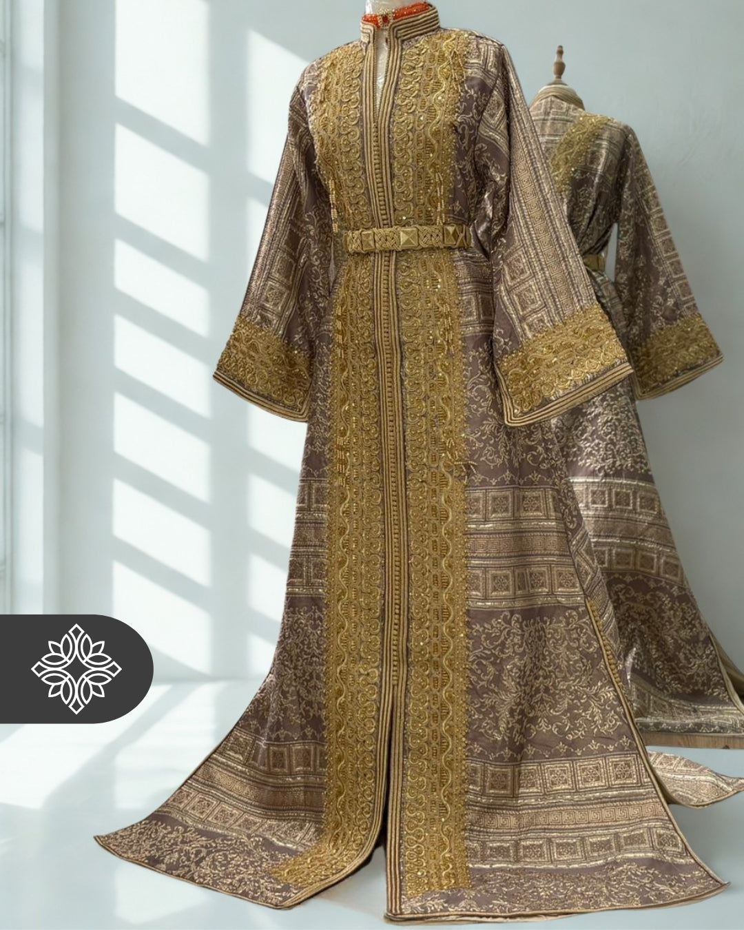 VIP Bronze Moroccan Kaftan | Luxury One-Piece Brocade Kaftan | Golden Hand Embroidery