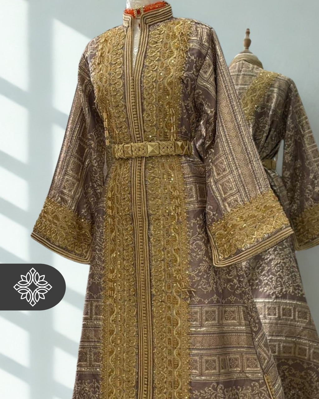 VIP Lavender Moroccan Kaftan | One-Piece Brocade Kaftan | Golden Hand Embroidery