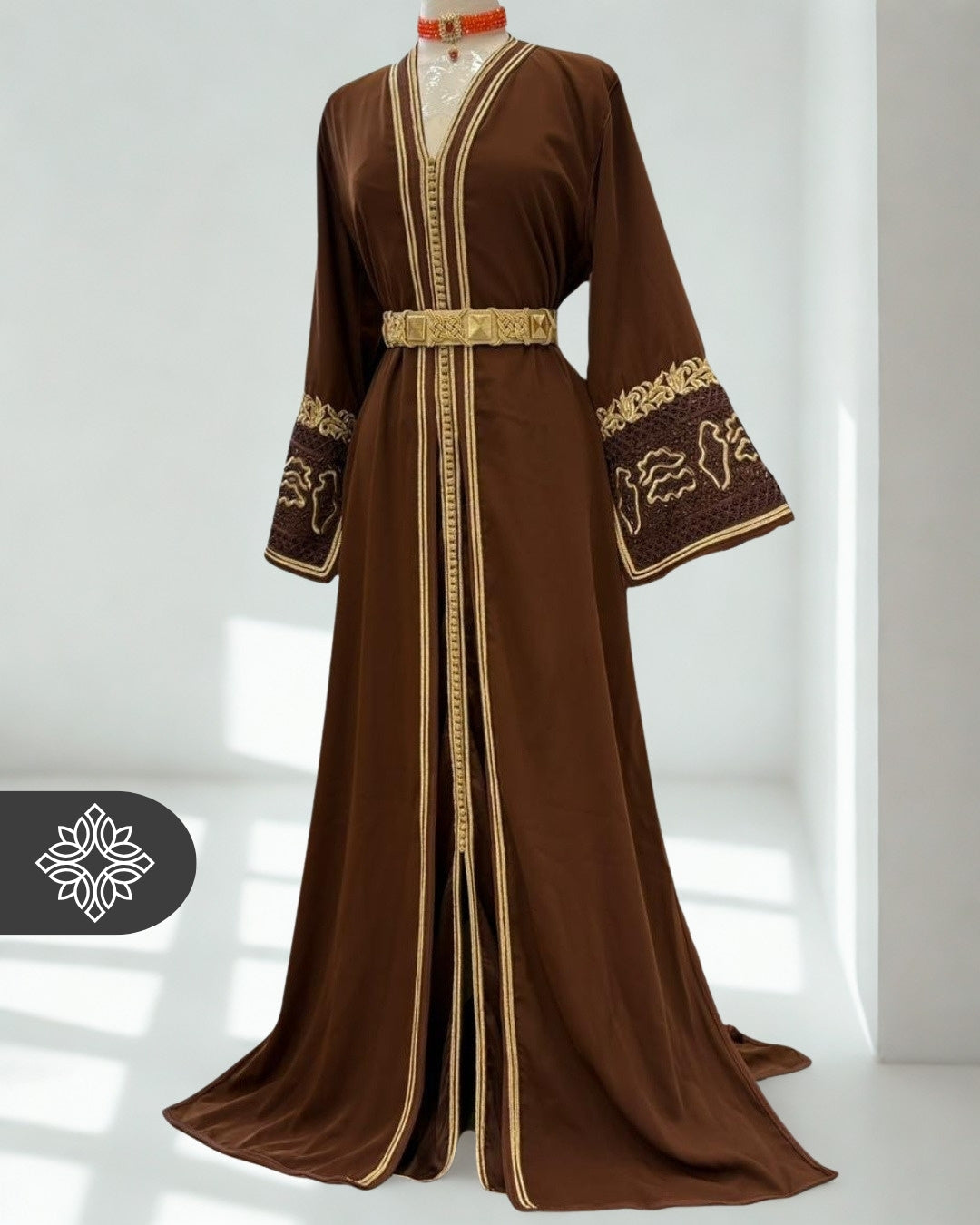 Brown Moroccan Takchita | Royal Flowing Kaftan | Golden Tonal Embroidery