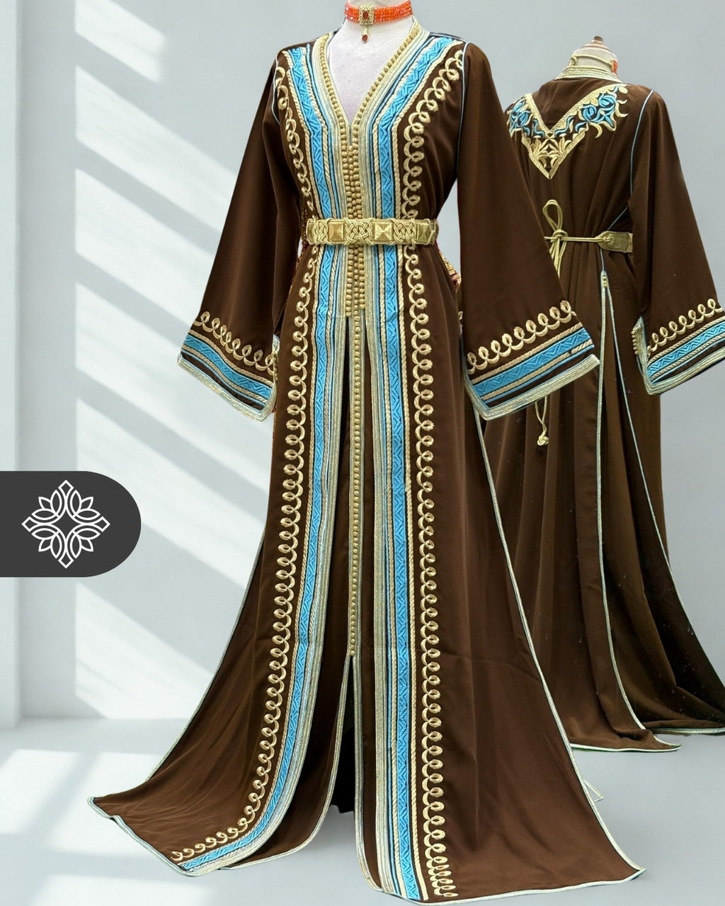 Brown Two Piece Moroccan Kaftan, Takshita with Sky Blue Stitching and Gold Embroidery
