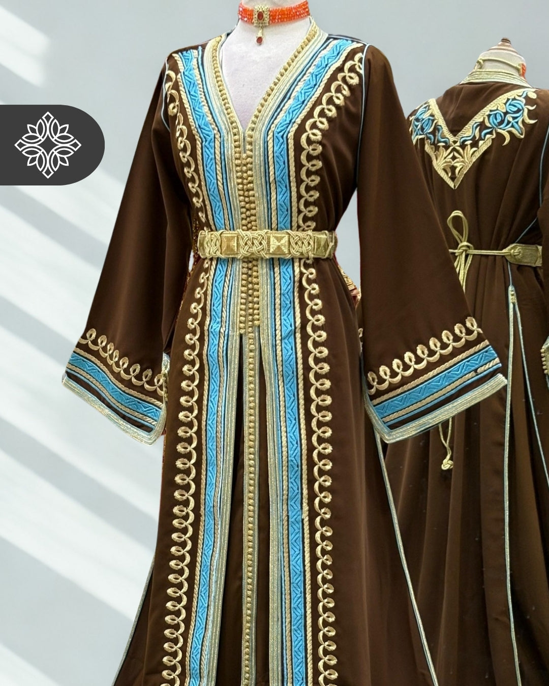 Brown Two Piece Moroccan Kaftan, Takshita with Sky Blue Stitching and Gold Embroidery