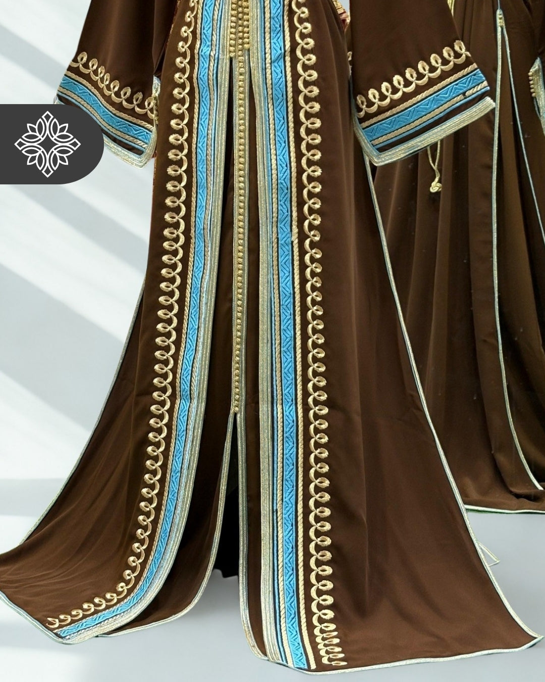 Brown Two Piece Moroccan Kaftan, Takshita with Sky Blue Stitching and Gold Embroidery