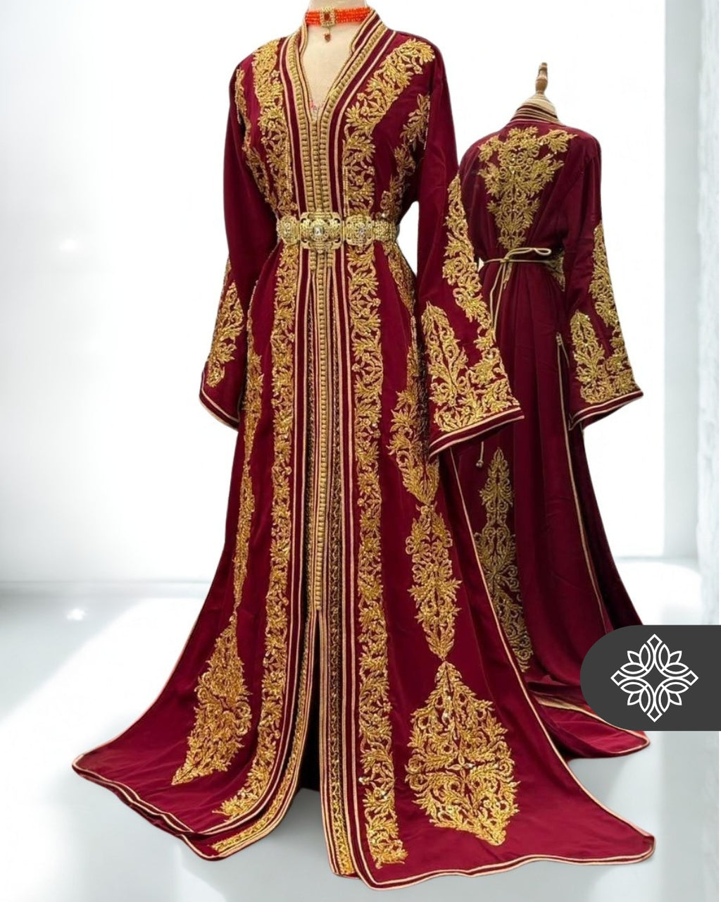 Burgundy Couture Moroccan Takchita | Luxury Two-Piece Kaftan | Golden Tonal Embroidery