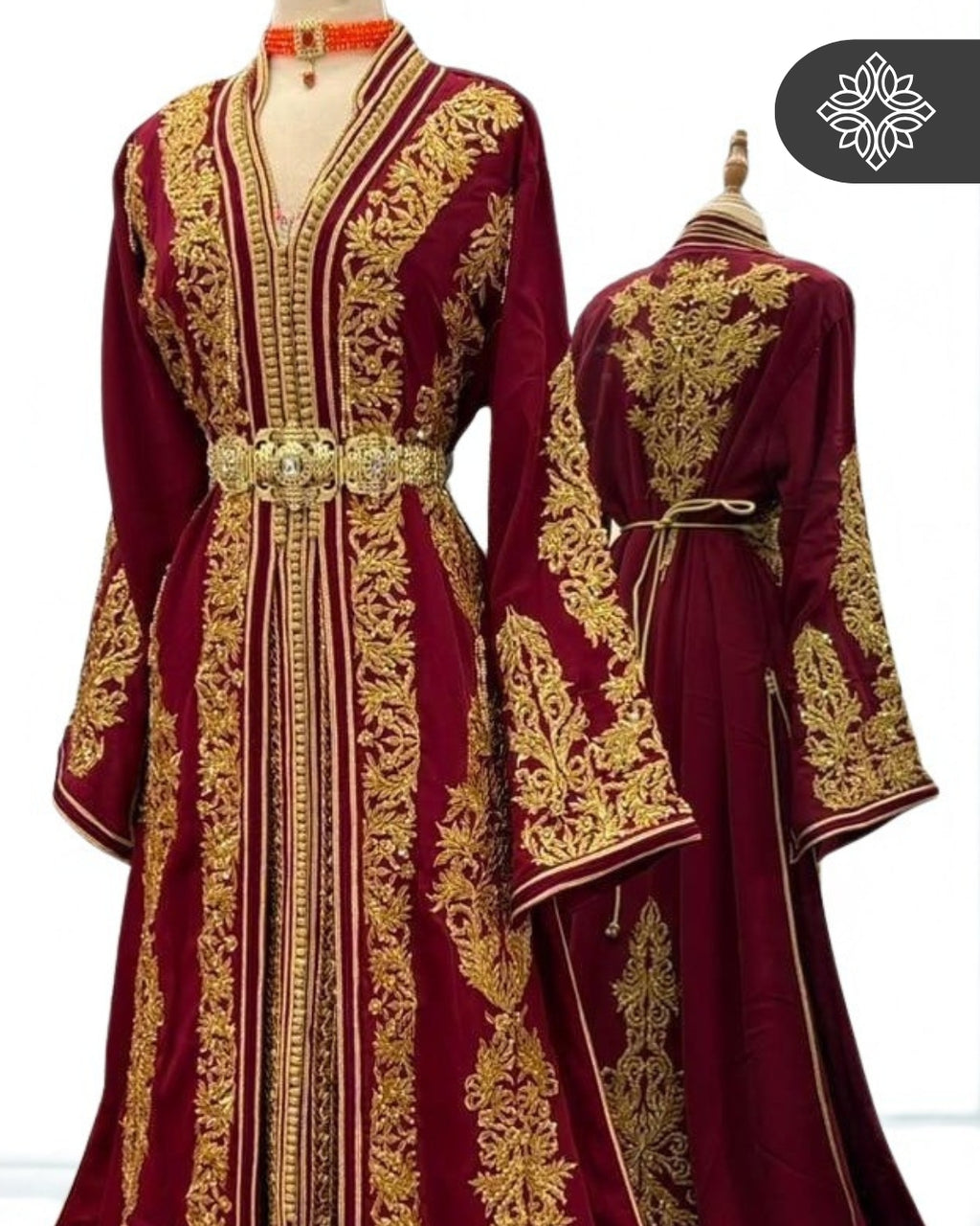Burgundy Couture Moroccan Takchita | Luxury Two-Piece Kaftan | Golden Tonal Embroidery