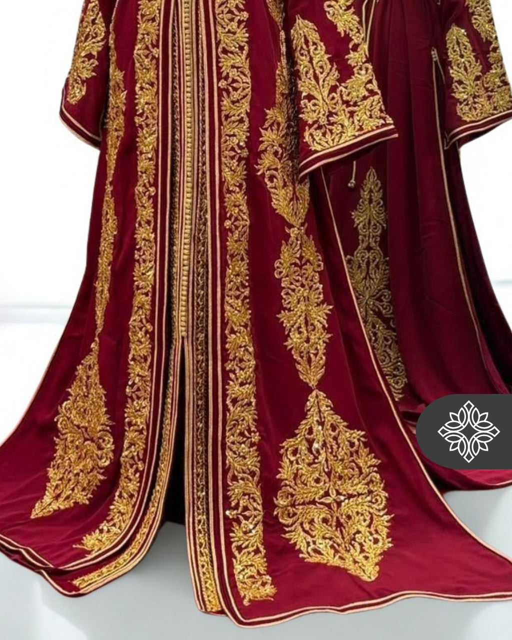 Burgundy Couture Moroccan Takchita | Luxury Two-Piece Kaftan | Golden Tonal Embroidery