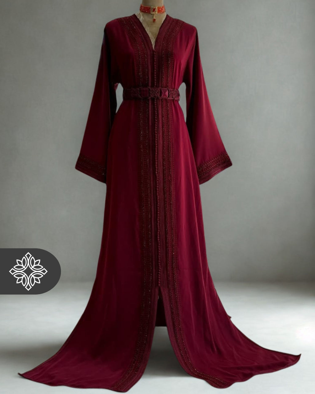 Burgundy Moroccan Kaftan | Luxury One-Piece Caftan | Tonal Embroidery with Stone Detailing