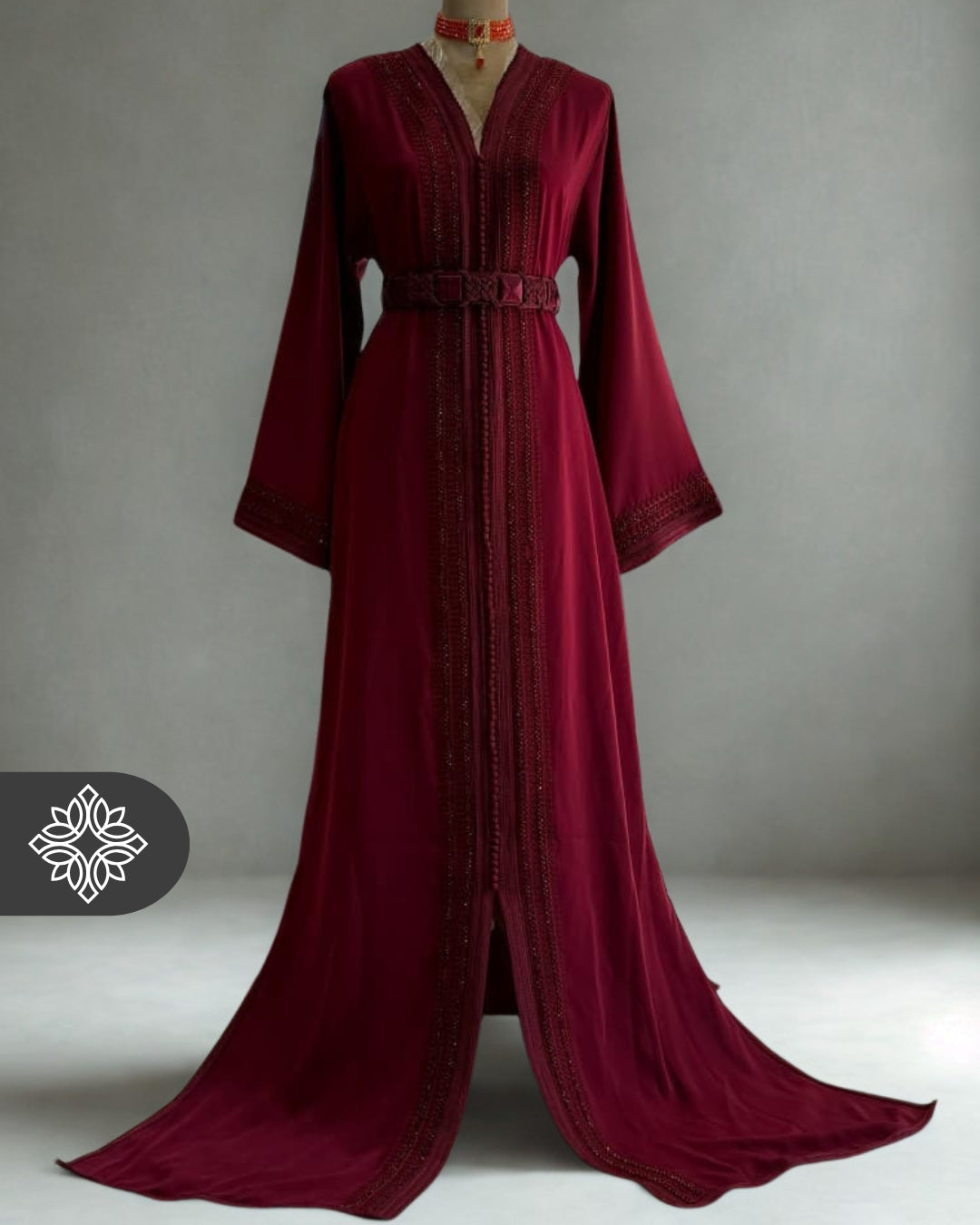 Burgundy Moroccan Kaftan | Luxury One-Piece Caftan | Tonal Embroidery with Stone Detailing