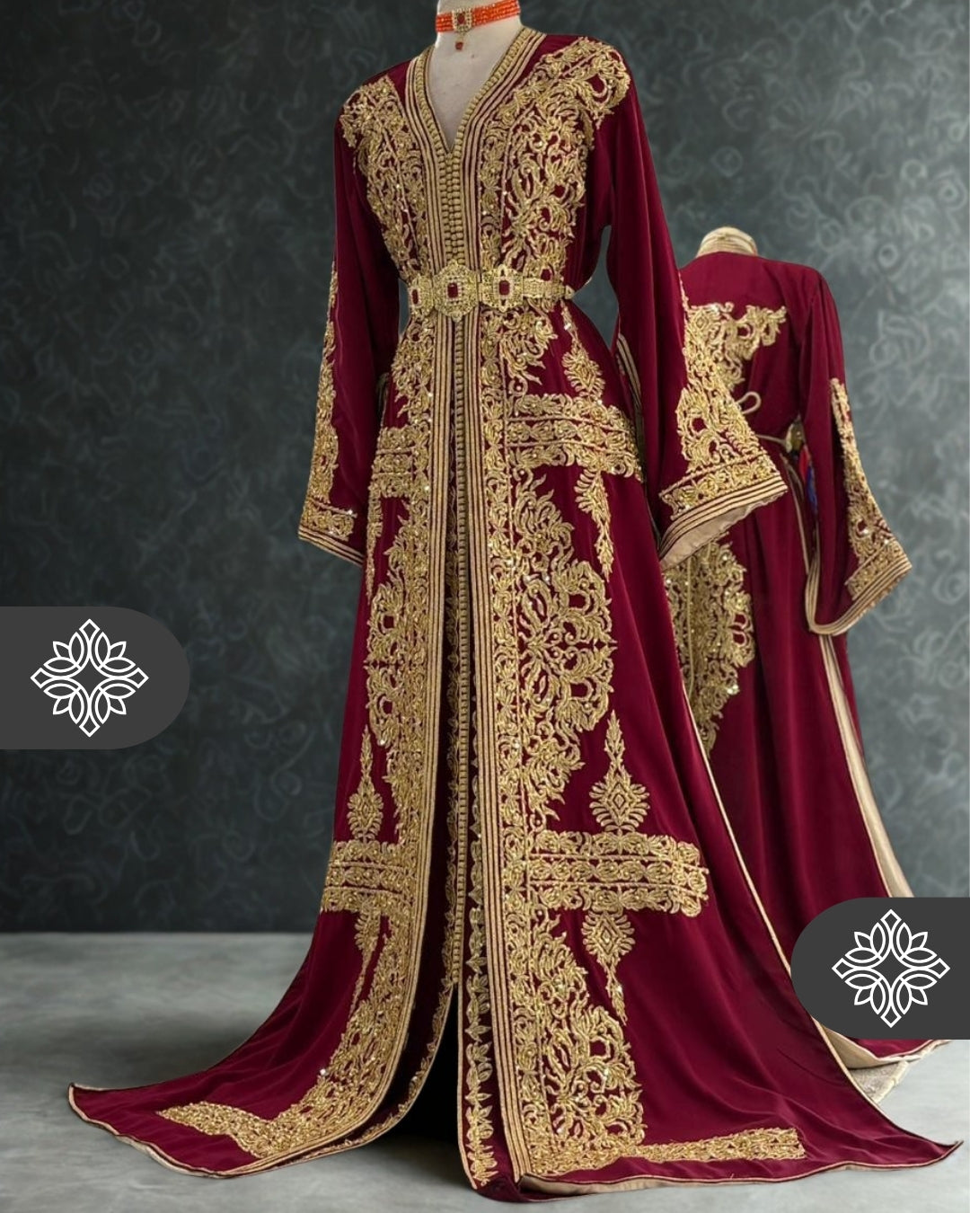 Takchita marocaine bordeaux | Caftan deux pièces haute couture | Broderie dorée