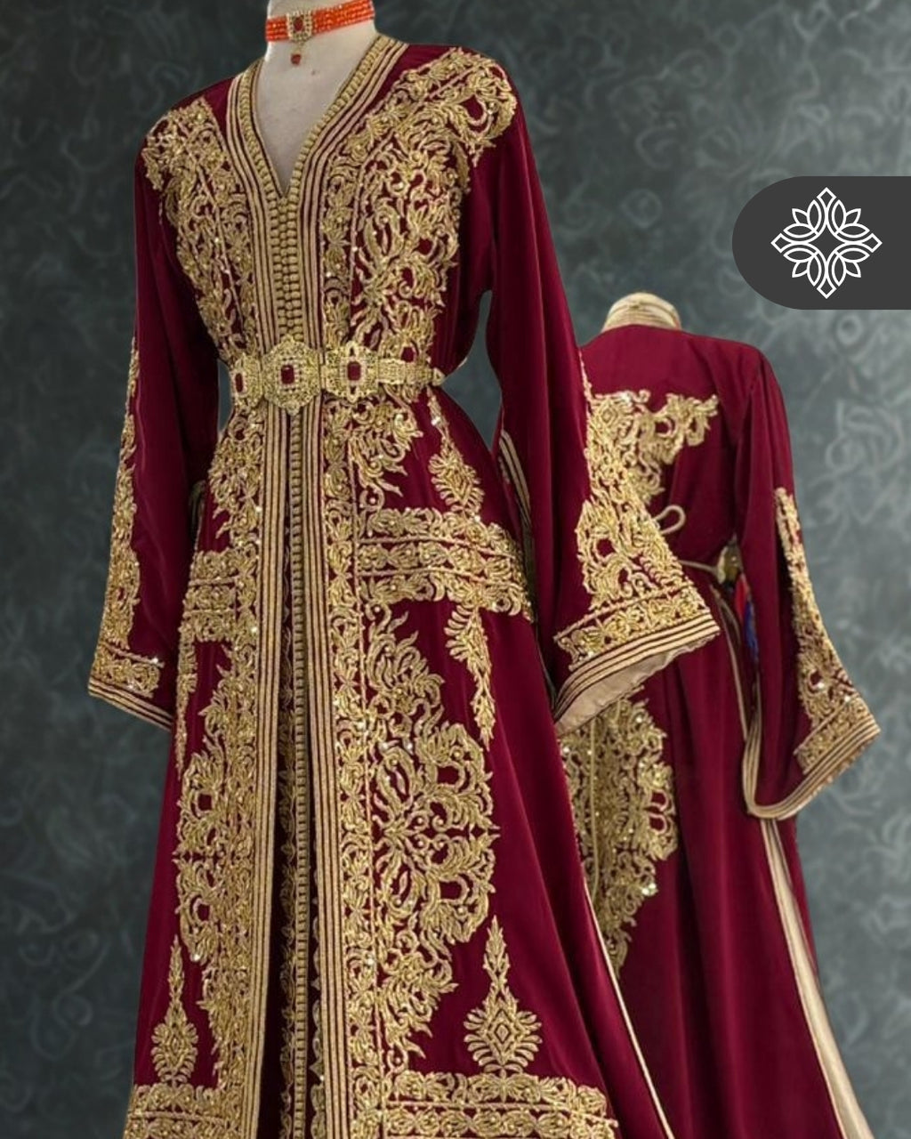 Takchita marocaine bordeaux | Caftan deux pièces haute couture | Broderie dorée