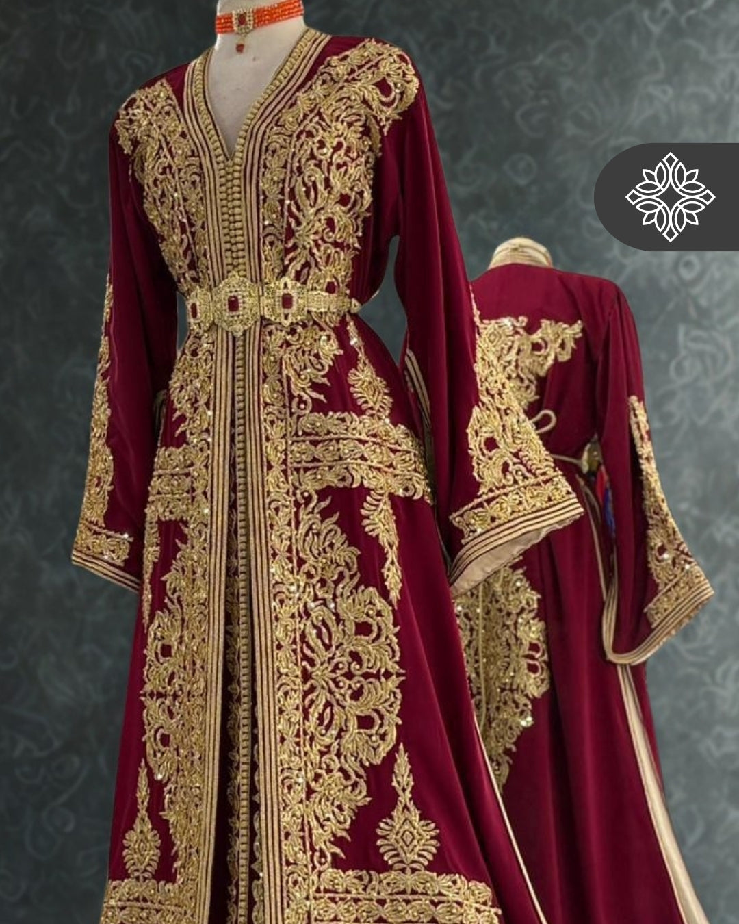 Takchita marocaine bordeaux | Caftan deux pièces haute couture | Broderie dorée