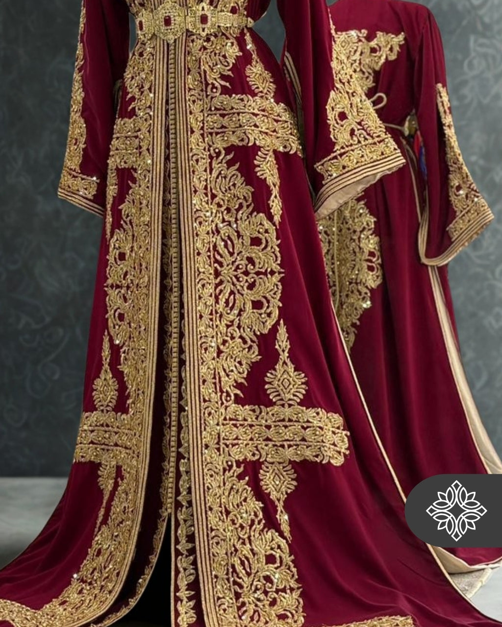 Takchita marocaine bordeaux | Caftan deux pièces haute couture | Broderie dorée
