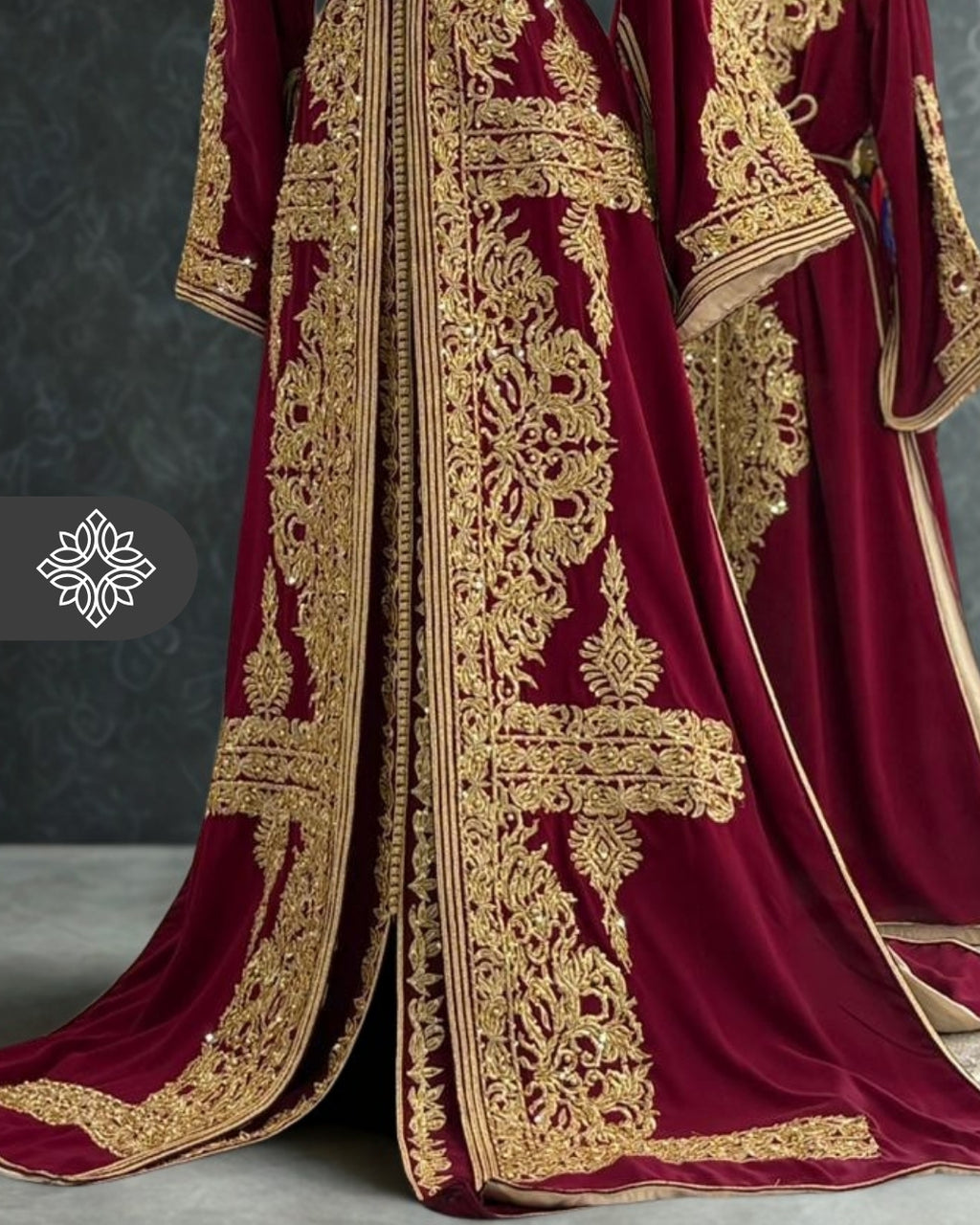 Takchita marocaine bordeaux | Caftan deux pièces haute couture | Broderie dorée
