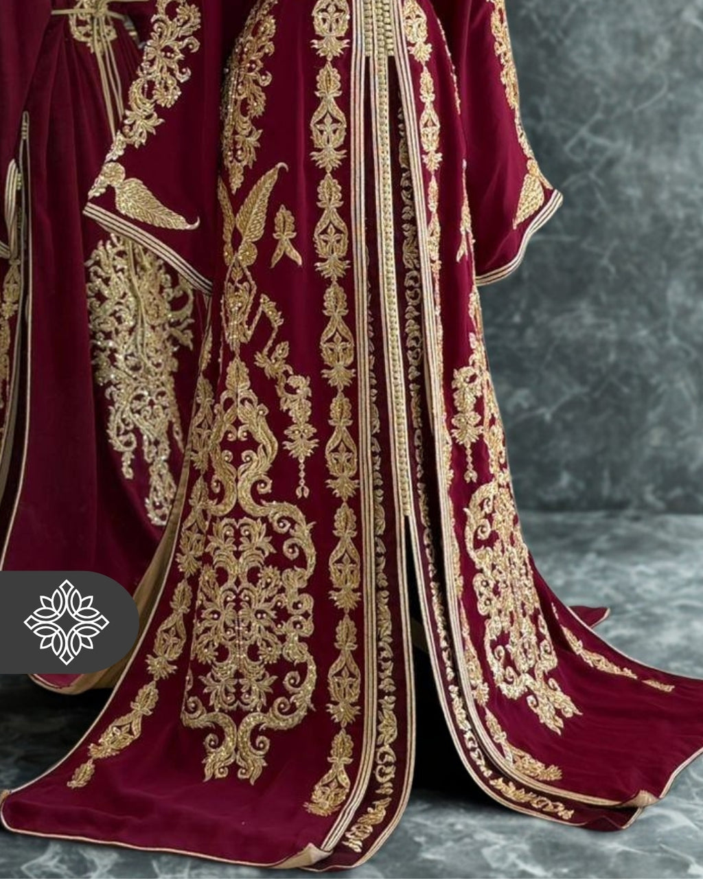 Emerald Green Moroccan Takchita | Luxury Couture Two-Piece Kaftan | Golden Tonal Embroidery