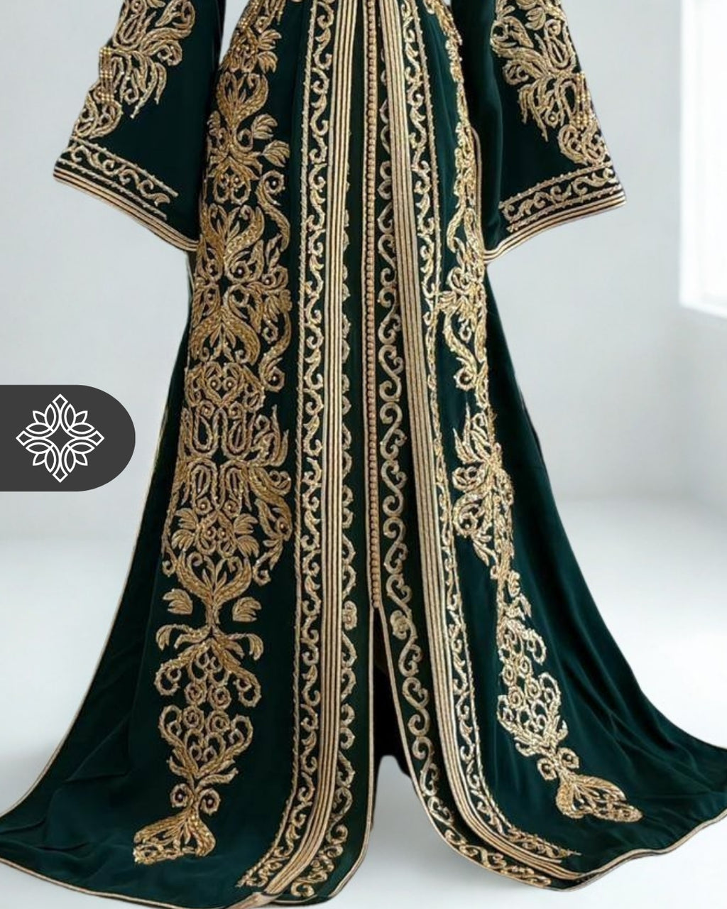 Emerald Green Moroccan Takchita | Luxury Couture Two-Piece Kaftan | Golden Tonal Embroidery