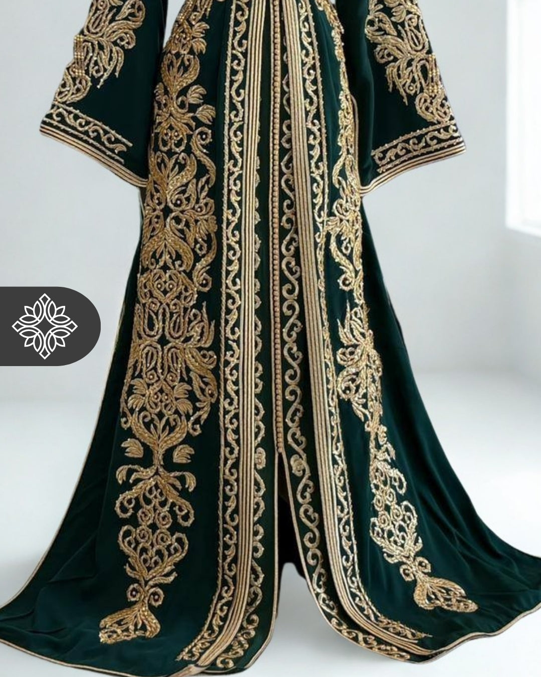 Emerald Green Moroccan Takchita | Luxury Couture Two-Piece Kaftan | Golden Tonal Embroidery
