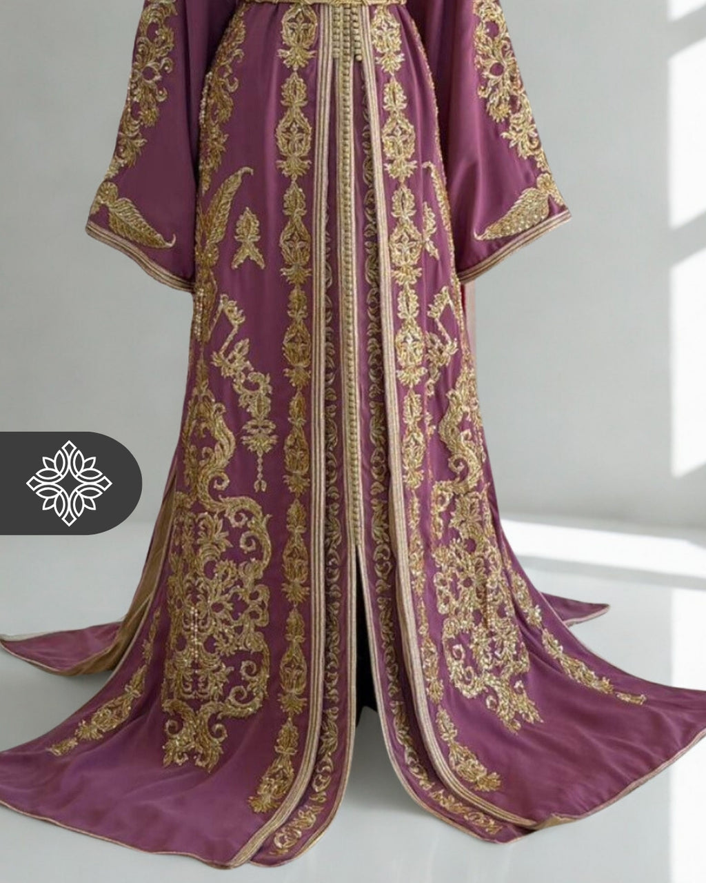 Emerald Green Moroccan Takchita | Luxury Couture Two-Piece Kaftan | Golden Tonal Embroidery