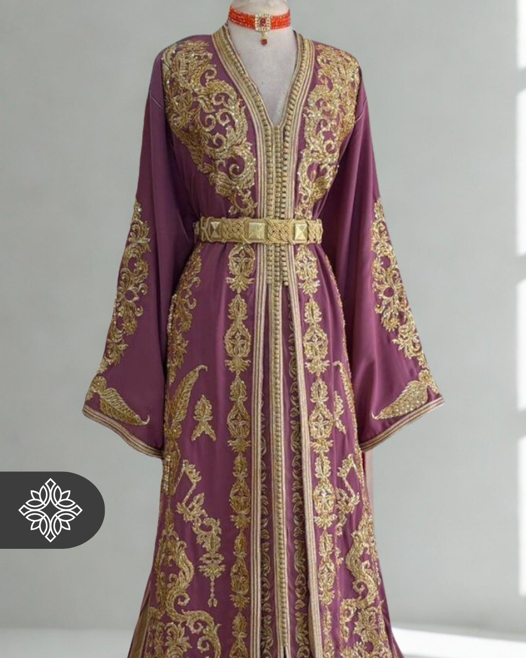 Emerald Green Moroccan Takchita | Luxury Couture Two-Piece Kaftan | Golden Tonal Embroidery