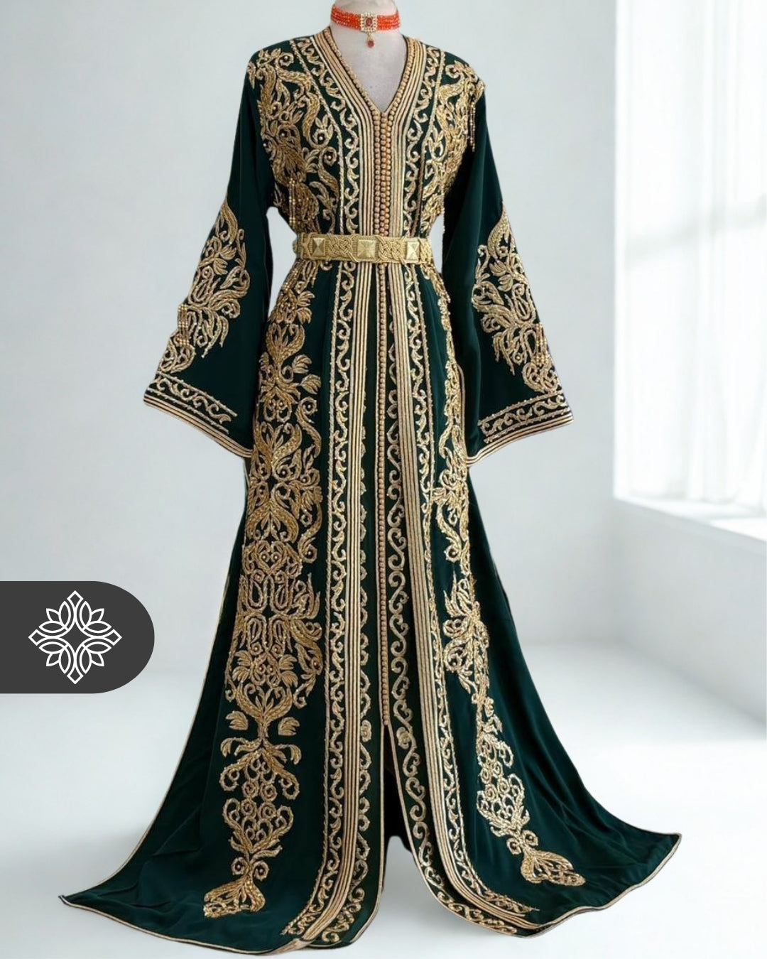 Emerald Green Moroccan Takchita | Luxury Couture Two-Piece Kaftan | Golden Tonal Embroidery