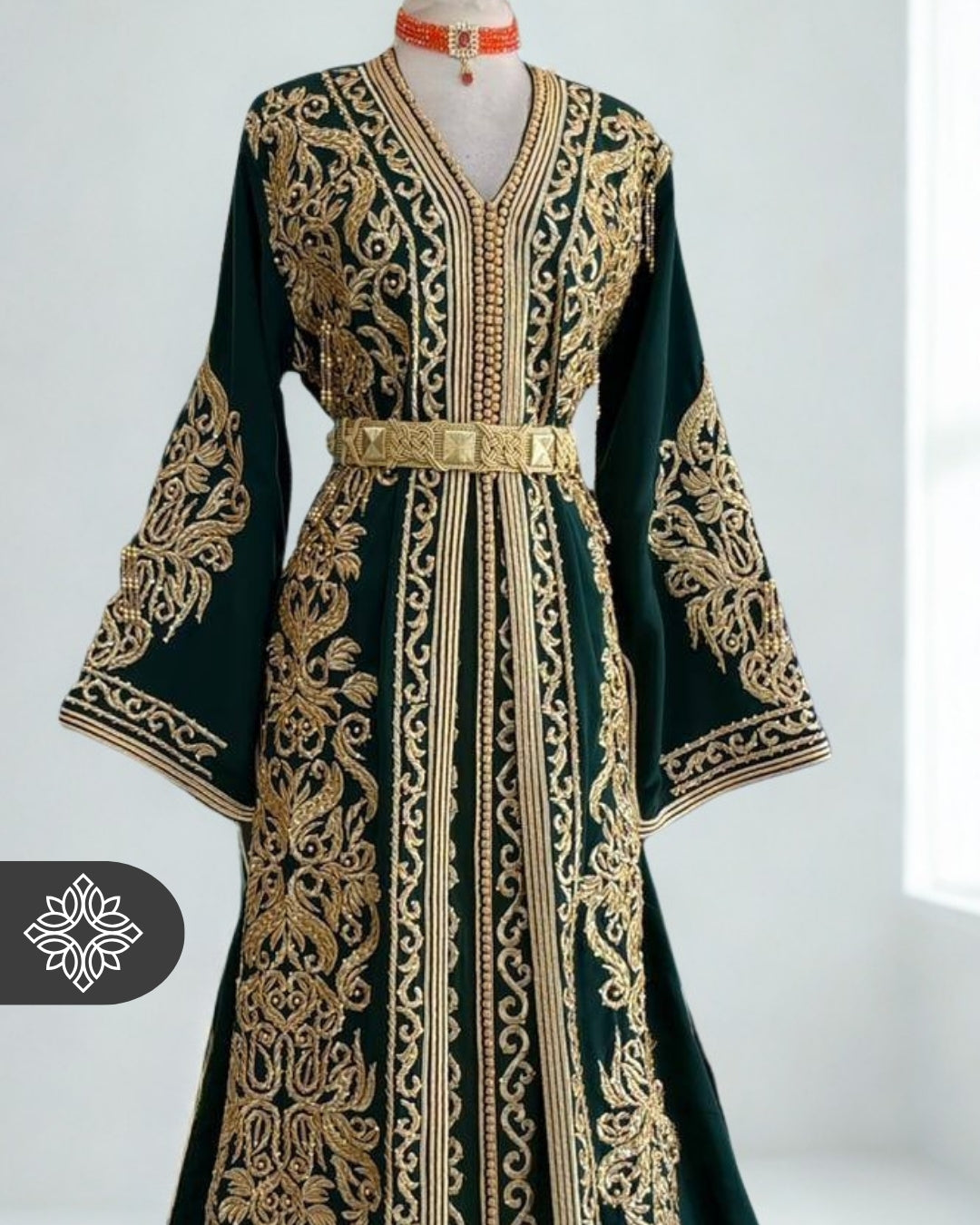 Emerald Green Moroccan Takchita | Luxury Couture Two-Piece Kaftan | Golden Tonal Embroidery