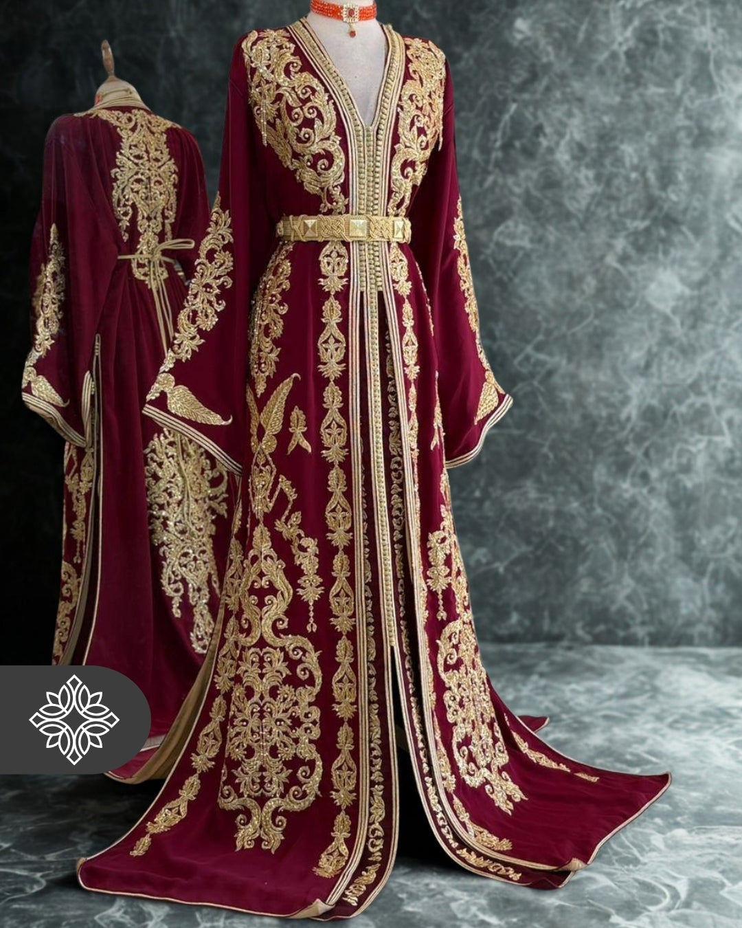 Takchita marocaine bordeaux | Caftan deux pièces haute couture | Broderie ton sur ton dorée 