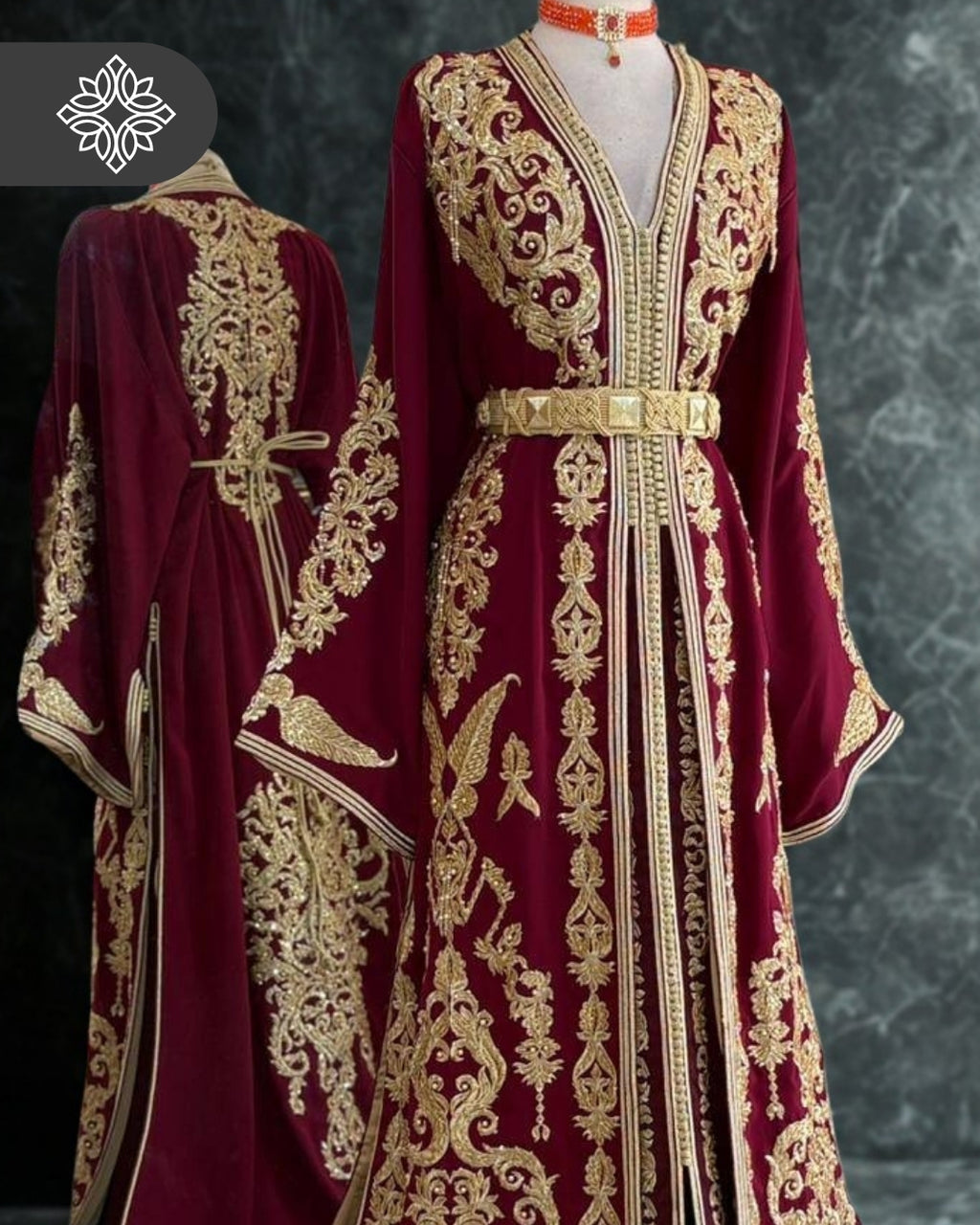 Emerald Green Moroccan Takchita | Luxury Couture Two-Piece Kaftan | Golden Tonal Embroidery