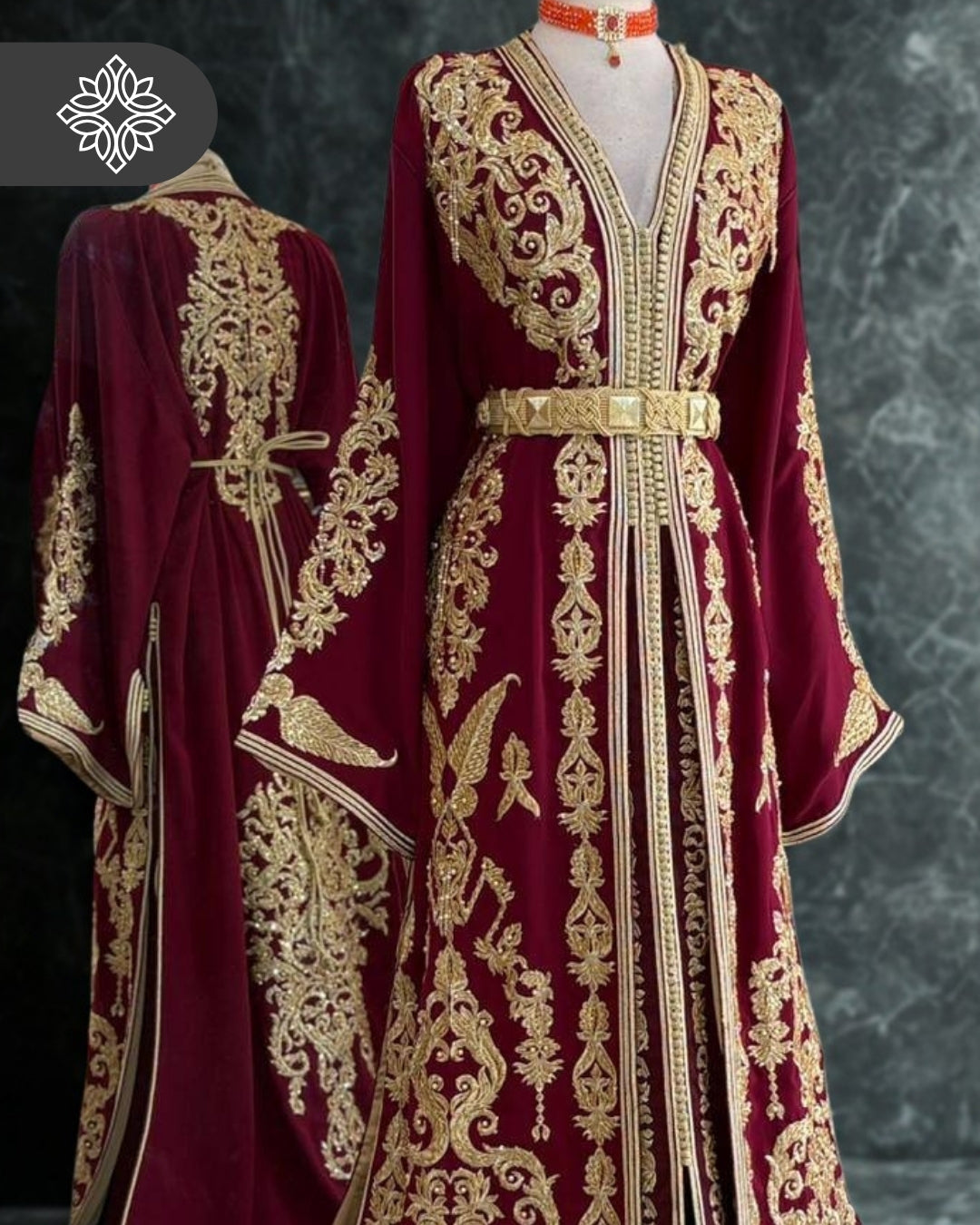 Takchita marocaine bordeaux | Caftan deux pièces haute couture | Broderie ton sur ton dorée 