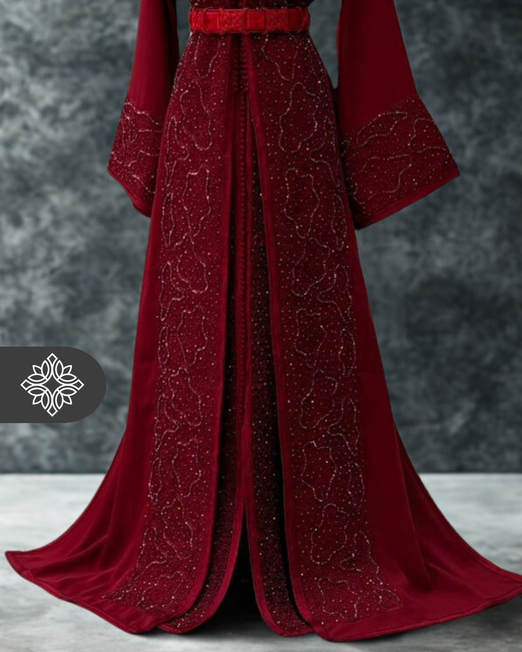 Burgundy Moroccan Takchita | Luxury Elegant Evening Dress Kaftan | Luminous Stone Detailing & Tonal Embroidery