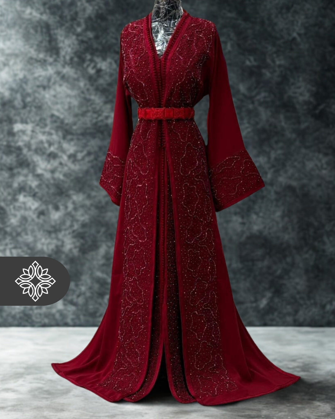 Burgundy Moroccan Takchita | Luxury Elegant Evening Dress Kaftan | Luminous Stone Detailing & Tonal Embroidery
