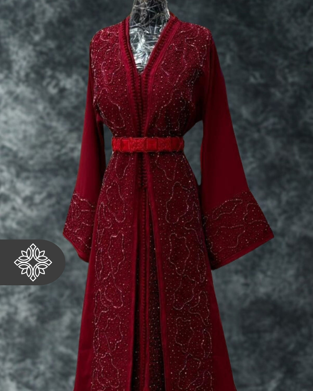 Burgundy Moroccan Takchita | Luxury Elegant Evening Dress Kaftan | Luminous Stone Detailing & Tonal Embroidery