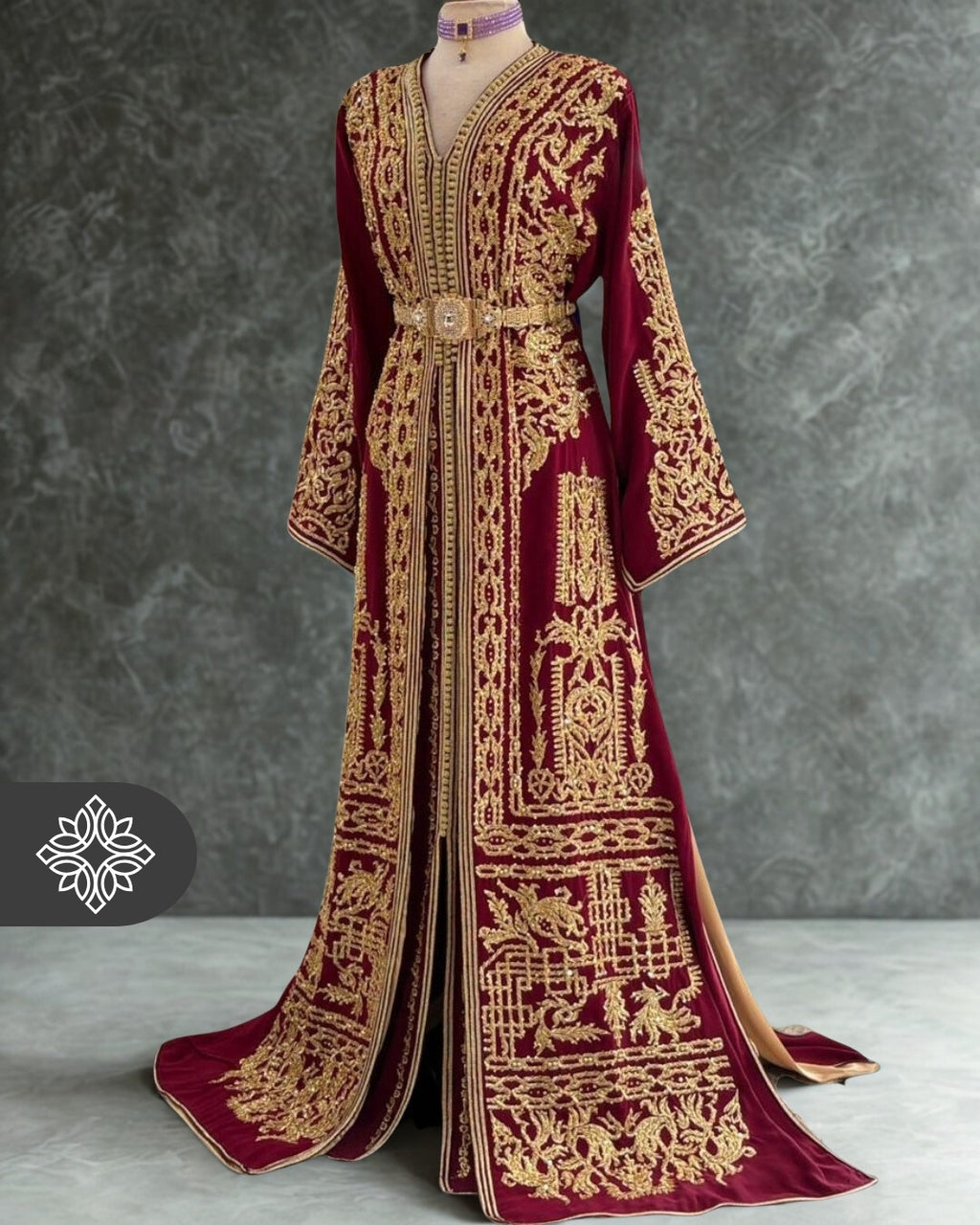 Burgundy Moroccan Takchita | Luxury Two-Piece Kaftan | Golden Embroidery