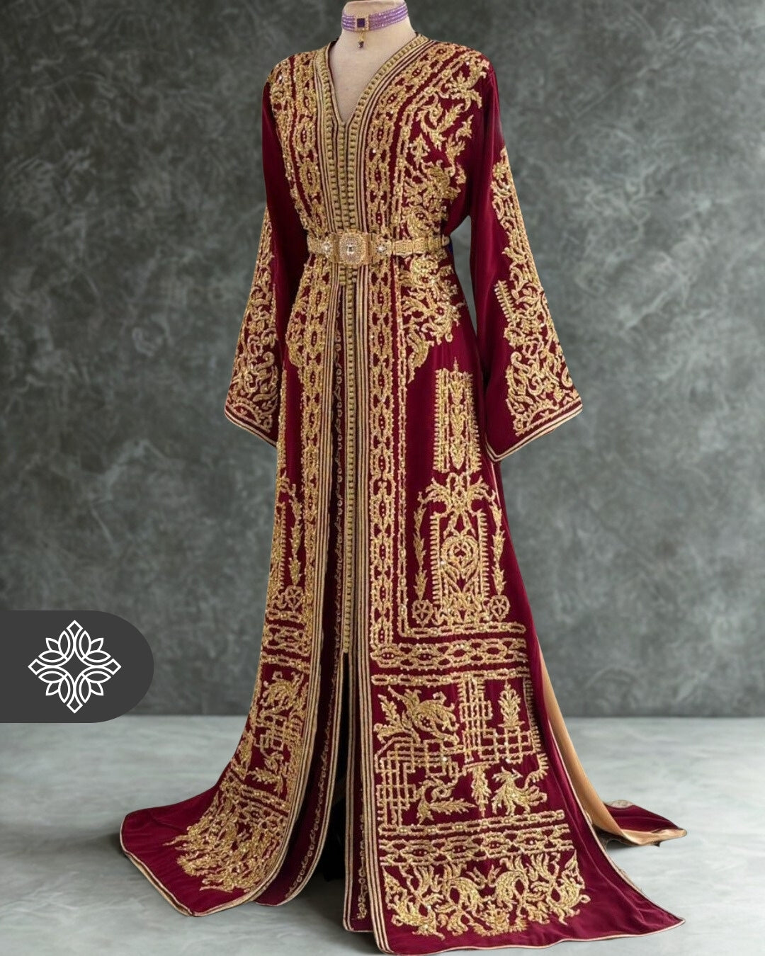 Burgundy Moroccan Takchita | Luxury Two-Piece Kaftan | Golden Embroidery