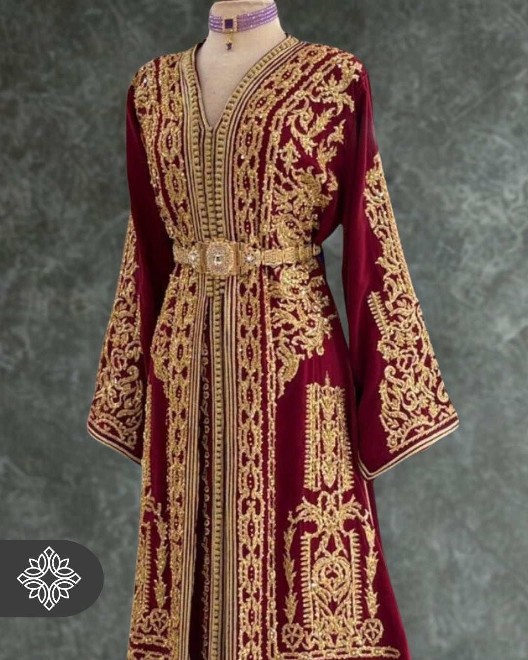 Burgundy Moroccan Takchita | Luxury Two-Piece Kaftan | Golden Embroidery