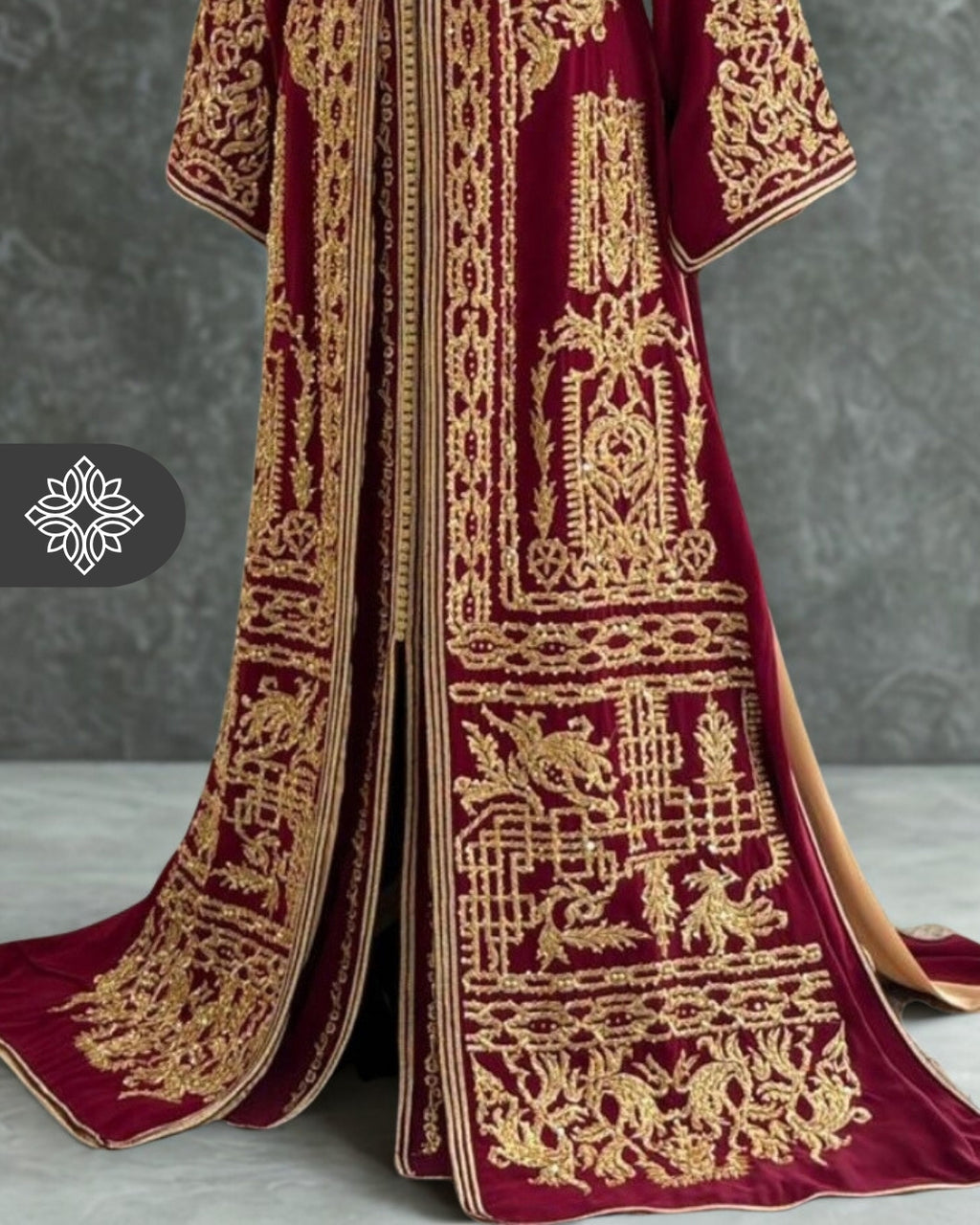 Burgundy Moroccan Takchita | Luxury Two-Piece Kaftan | Golden Embroidery