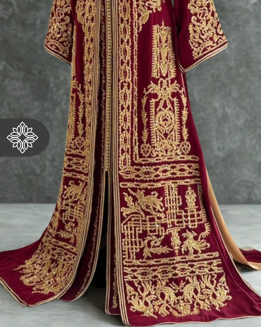 Burgundy Moroccan Takchita | Luxury Two-Piece Kaftan | Golden Embroidery