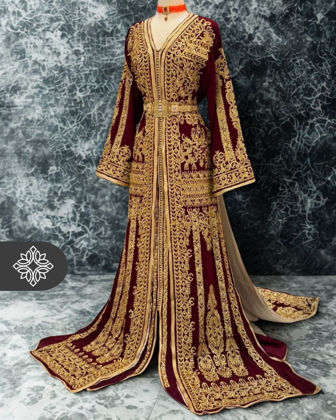 Imperial Burgundy Moroccan Takchita | Luxury Two-Piece Kaftan | Golden Royal Hand Embroidery