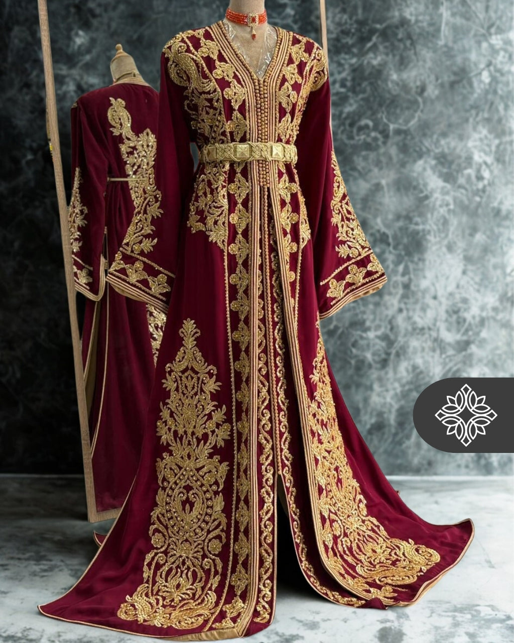 Burgundy Moroccan Takchita | Luxury Two-Piece Kaftan | Royal Golden Heritage Embroidery