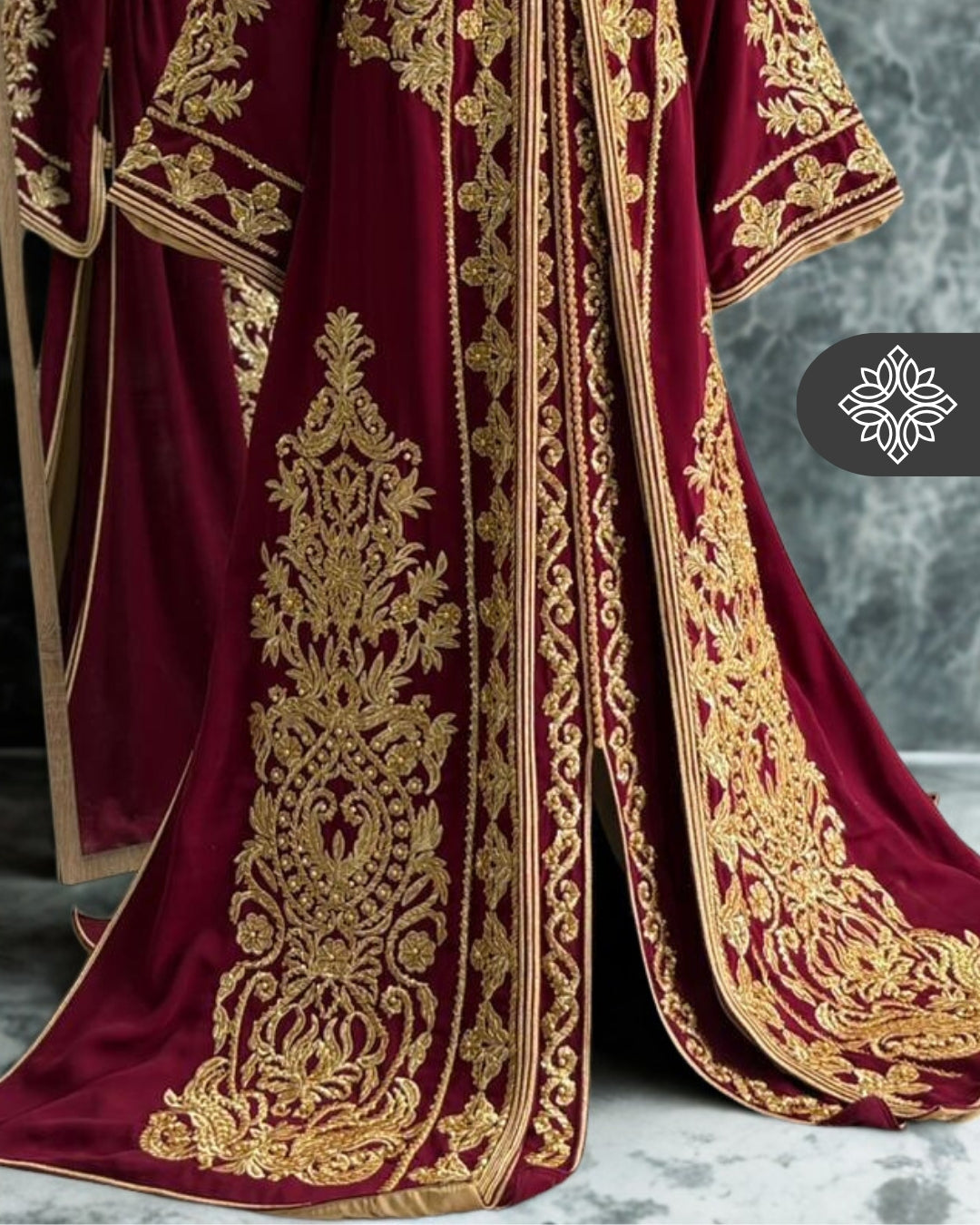Burgundy Moroccan Takchita | Luxury Two-Piece Kaftan | Royal Golden Heritage Embroidery