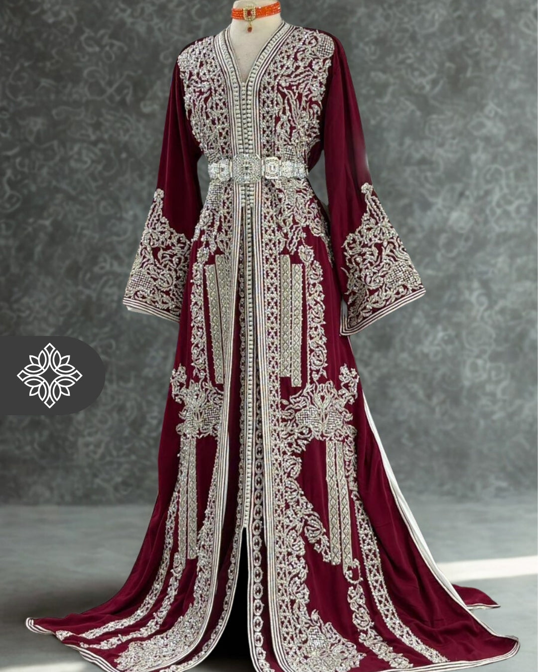 Burgundy Moroccan Takchita | Luxury Two-Piece Kaftan | Silver Hand Embroidery