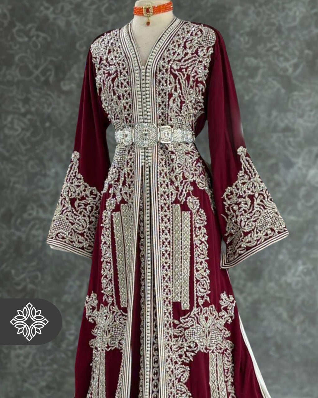 Burgundy Moroccan Takchita | Luxury Two-Piece Kaftan | Silver Hand Embroidery