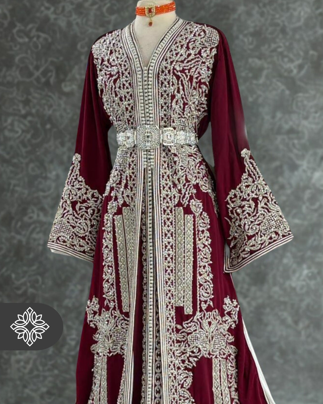 Burgundy Moroccan Takchita | Luxury Two-Piece Kaftan | Silver Hand Embroidery