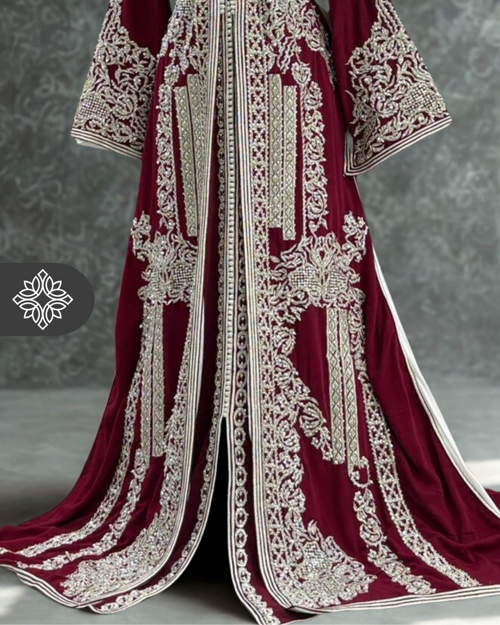 Burgundy Moroccan Takchita | Luxury Two-Piece Kaftan | Silver Hand Embroidery